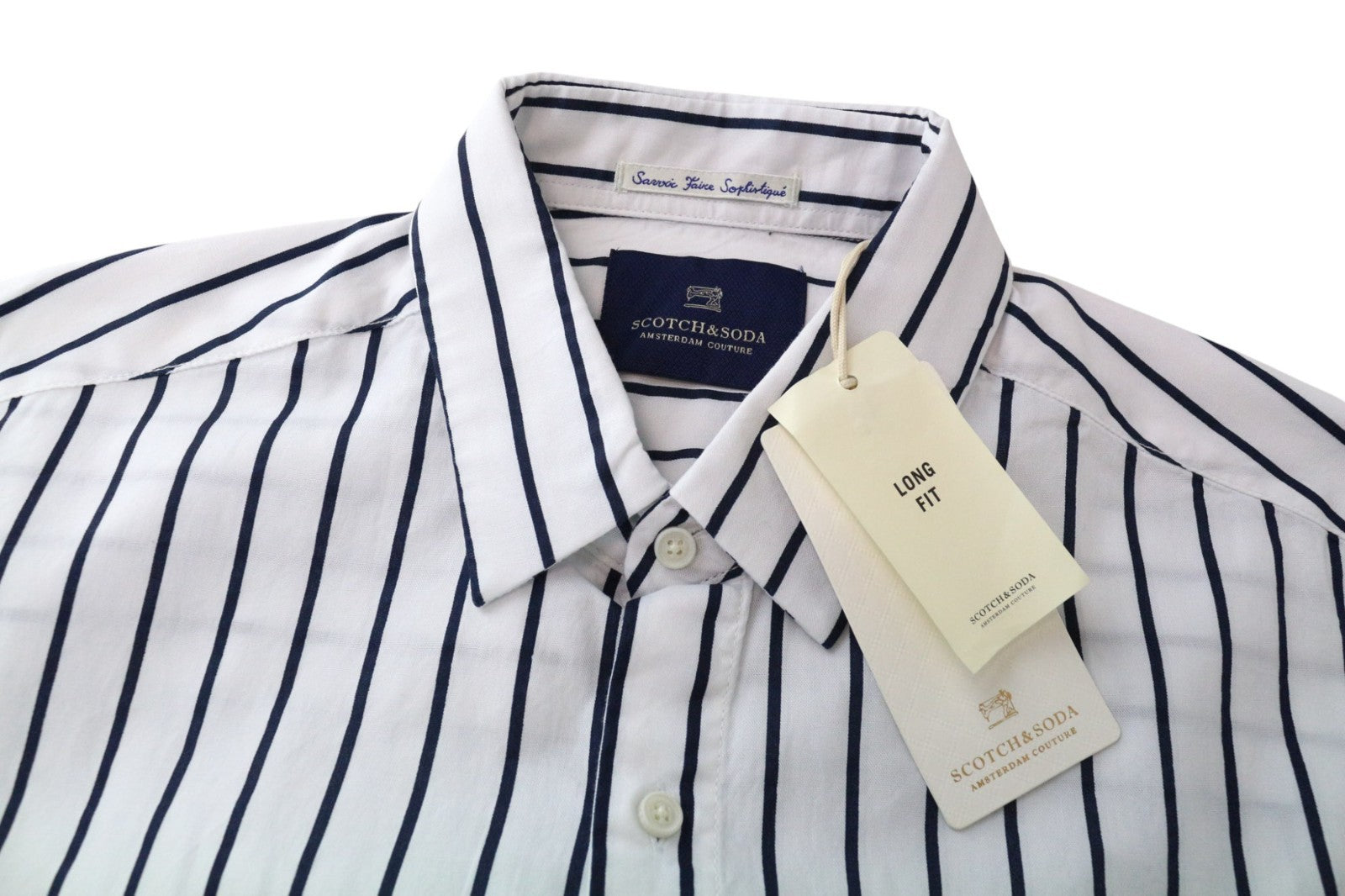 SCOTCH &amp; SODA vyriški marškinėliai M, balti, grynos medvilnės, dryžuoti, ilgi, klasikiniai, prigludę 