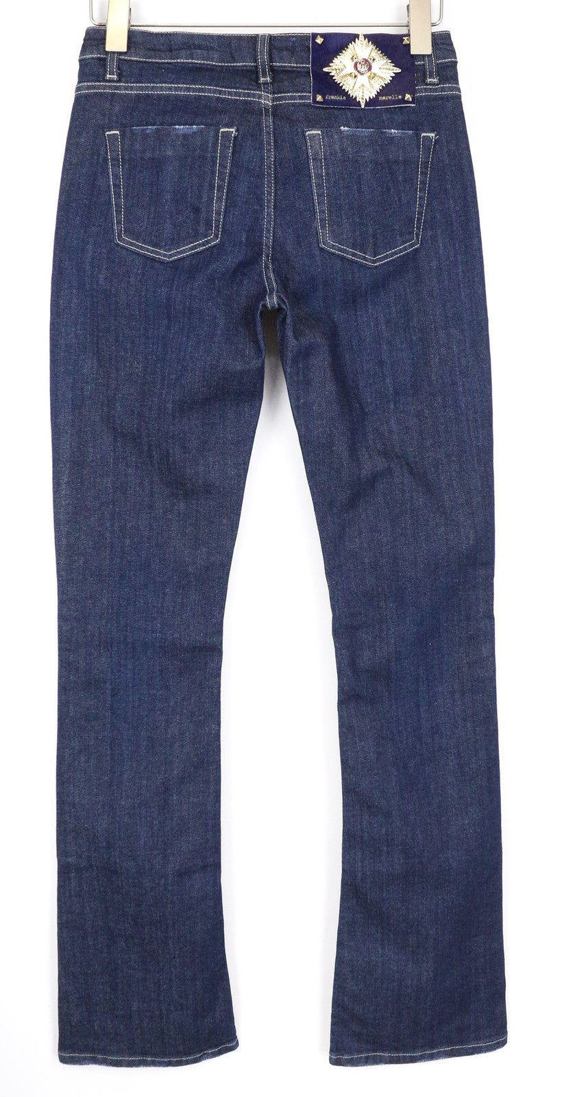 FRANKIE MORELLO Ariadne moteriški džinsai W27 mėlyni, tamprūs, medvilniniai, klasikinio stiliaus, su platėjančiu kirpimu 