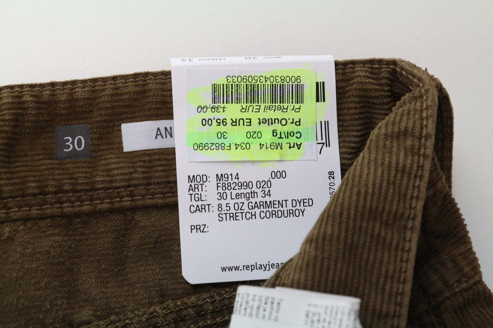 REPLAY Anbass Men's Corduroy Trousers W30/L34 Brown Casual Slim Stretch Cotton