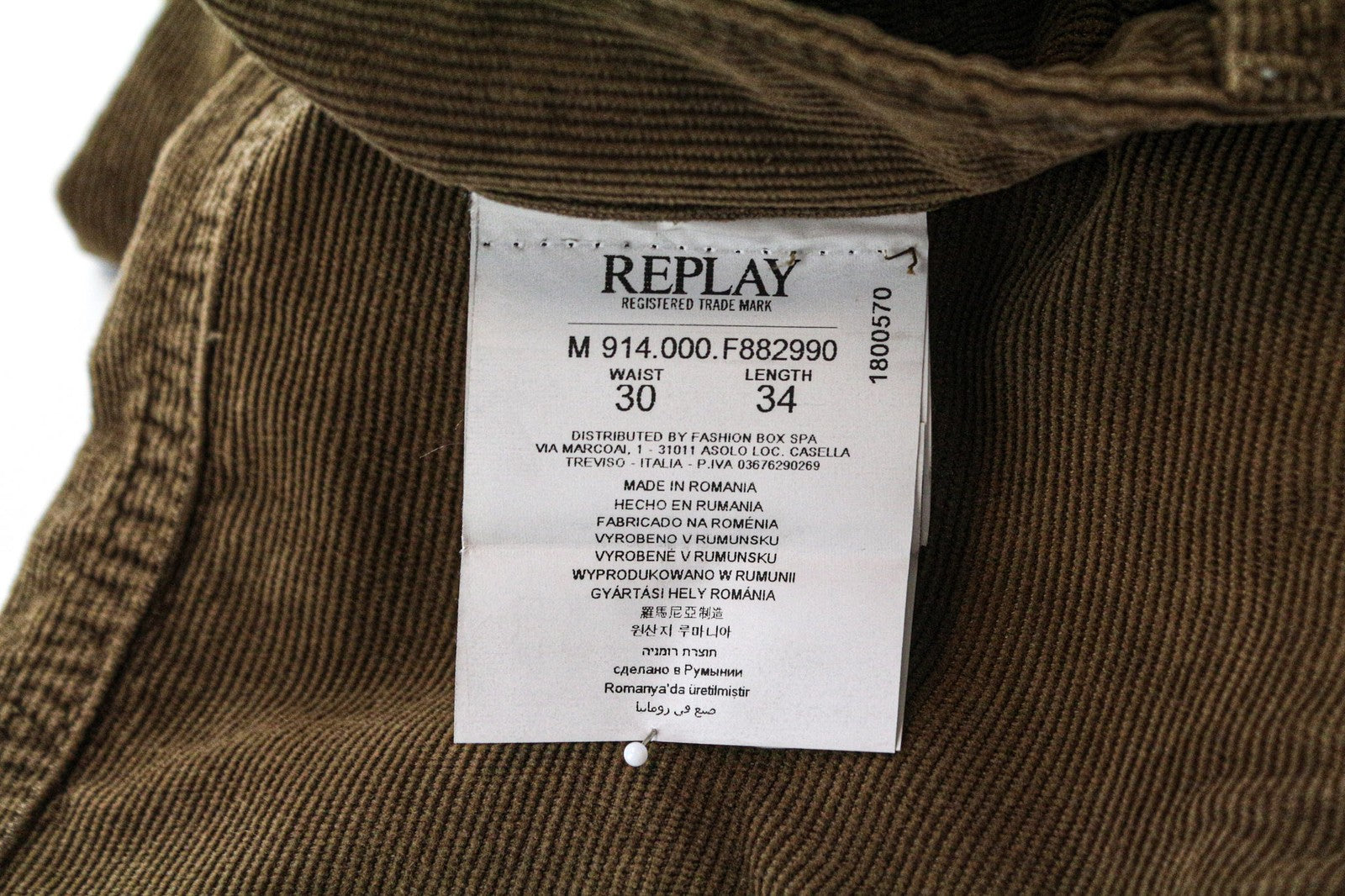 REPLAY Anbass Men's Corduroy Trousers W30/L34 Brown Casual Slim Stretch Cotton