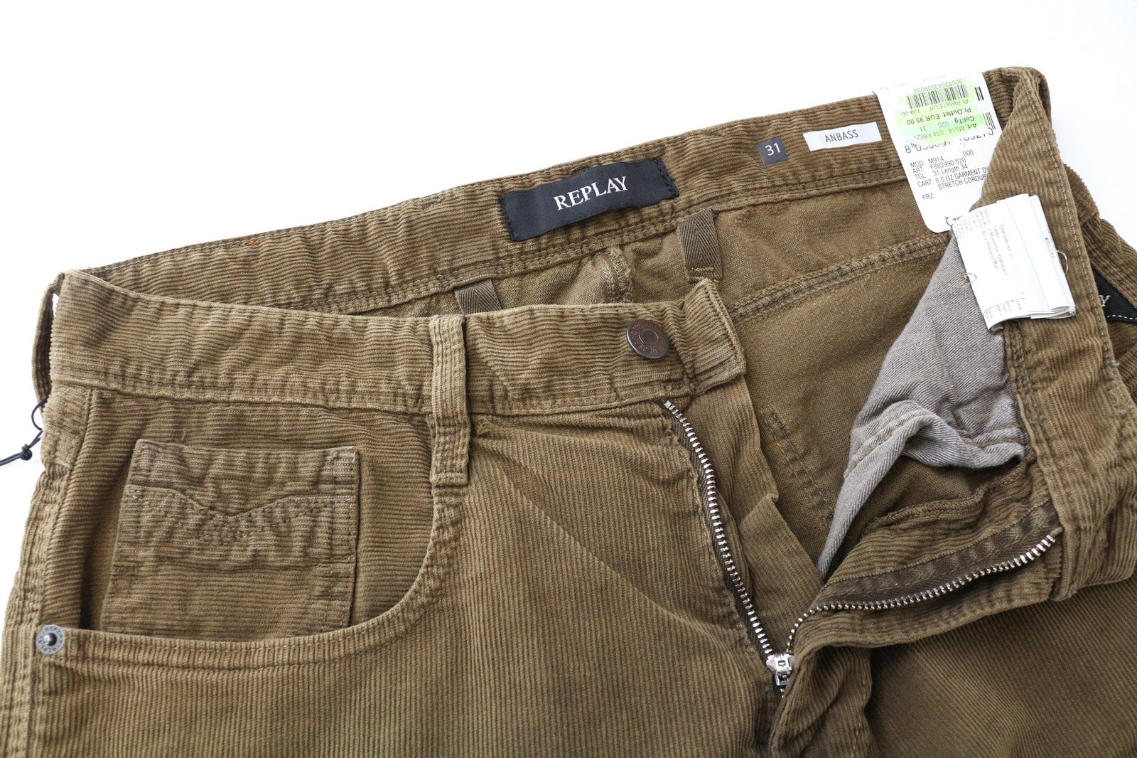 REPLAY Anbass Men's Corduroy Trousers W31/L34 Slim Fit Brown Stretch Cotton