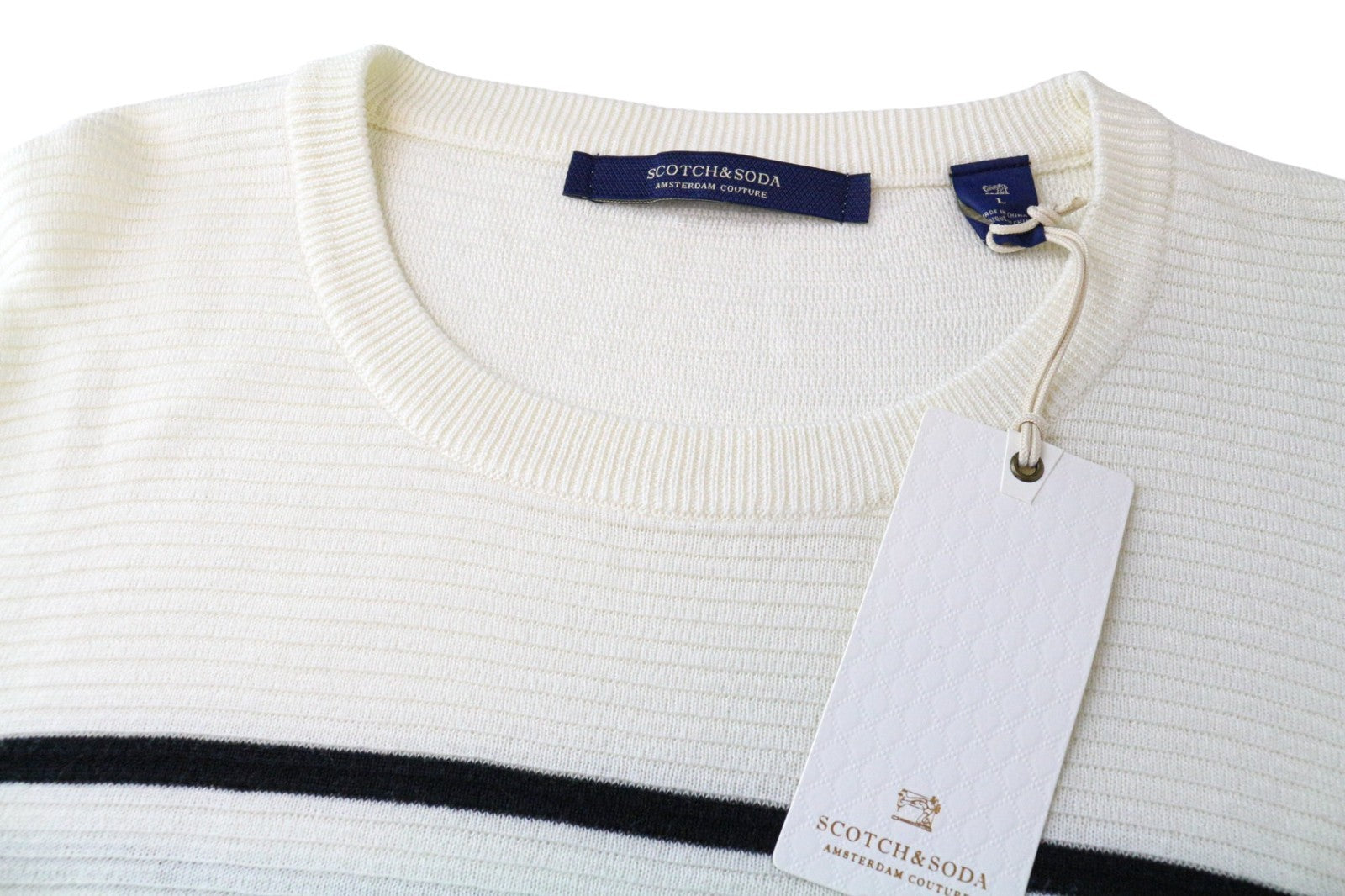 SCOTCH &amp; SODA Ams Couture vyriškas džemperis L dydžio, balkšvas, dryžuotas, medvilninis 