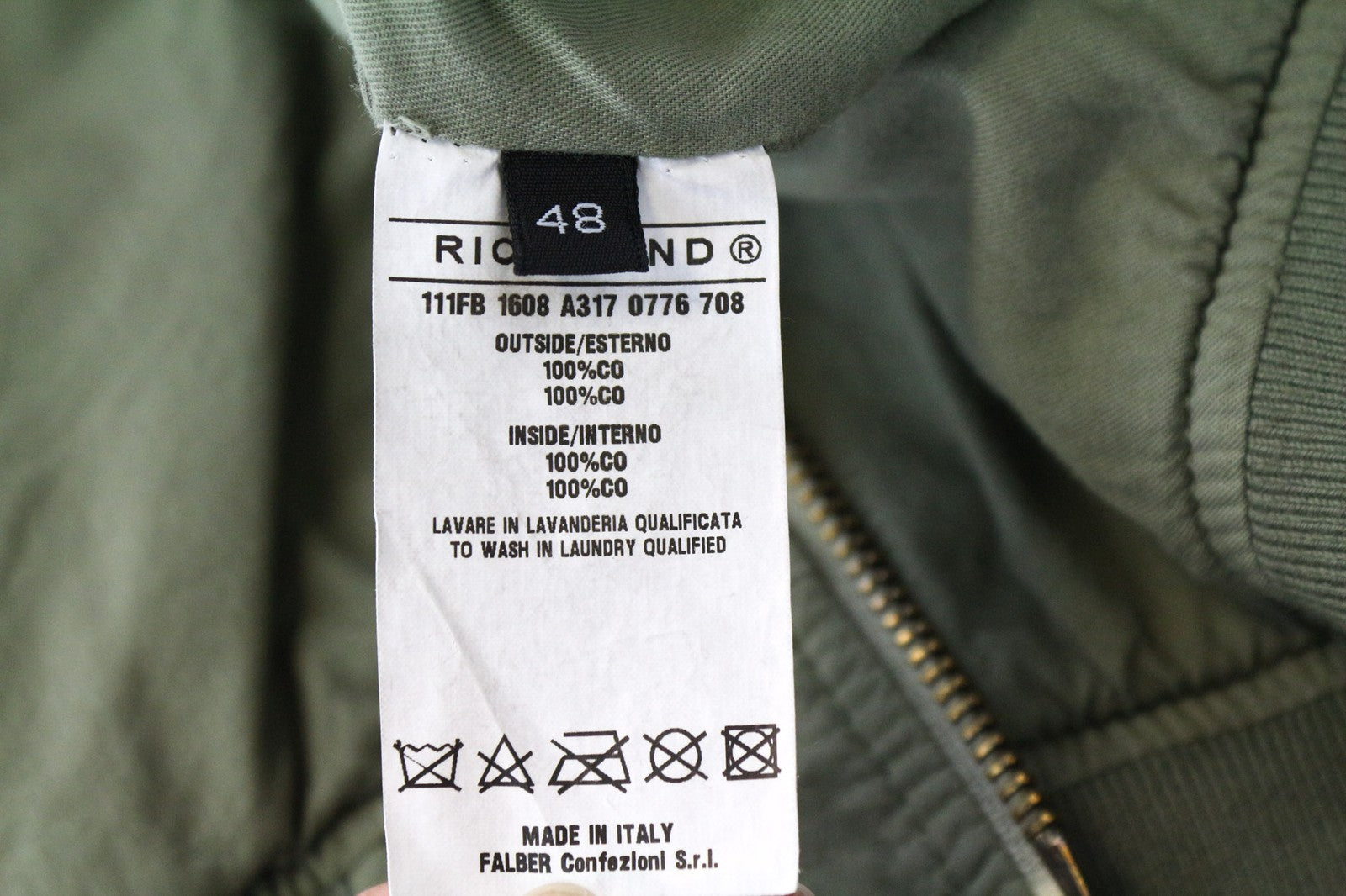 RICHMOND vyriška striukė IT48 alyvuogių žalia grynos medvilnės bomber stiliaus dizainerio lopais 