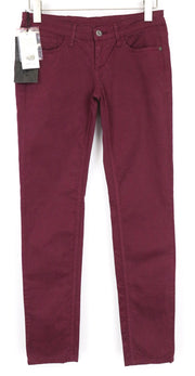 RICHMOND Punk moteriškos kelnės 28 violetinės, plonos, tamprios, medvilninės, plokščio priekio, laisvalaikio stiliaus 