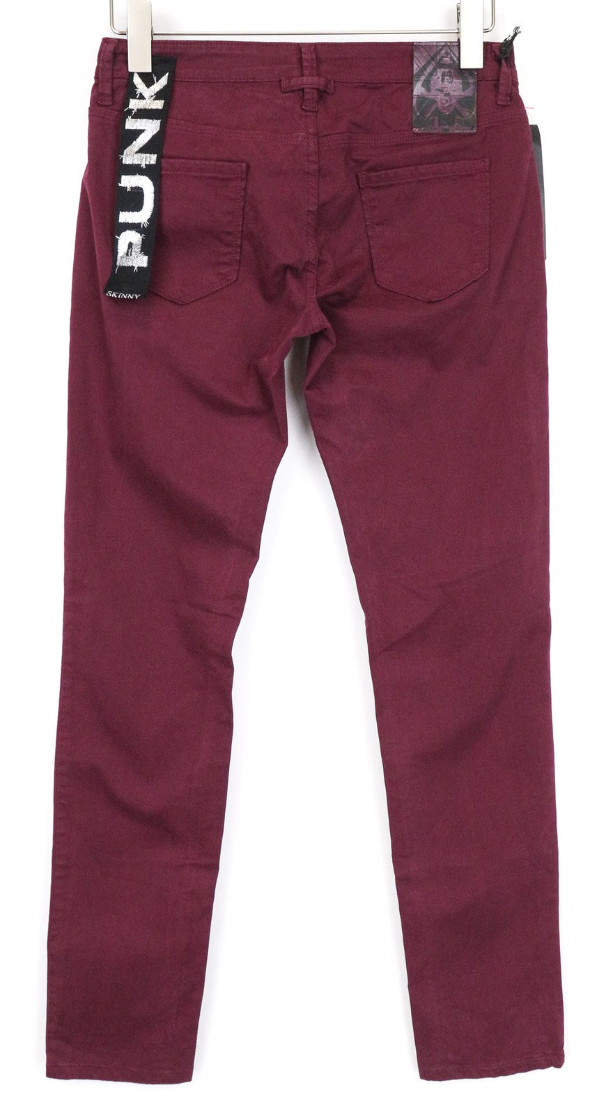 RICHMOND Punk moteriškos kelnės 28 violetinės, plonos, tamprios, medvilninės, plokščio priekio, laisvalaikio stiliaus 