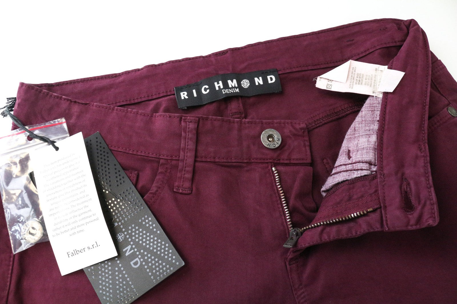 RICHMOND Punk moteriškos kelnės 28 violetinės, plonos, tamprios, medvilninės, plokščio priekio, laisvalaikio stiliaus 