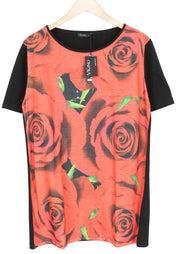 VKING Men's T-Shirt L Red Black Washed Roses Graphic Pure Cotton Short Sleeve