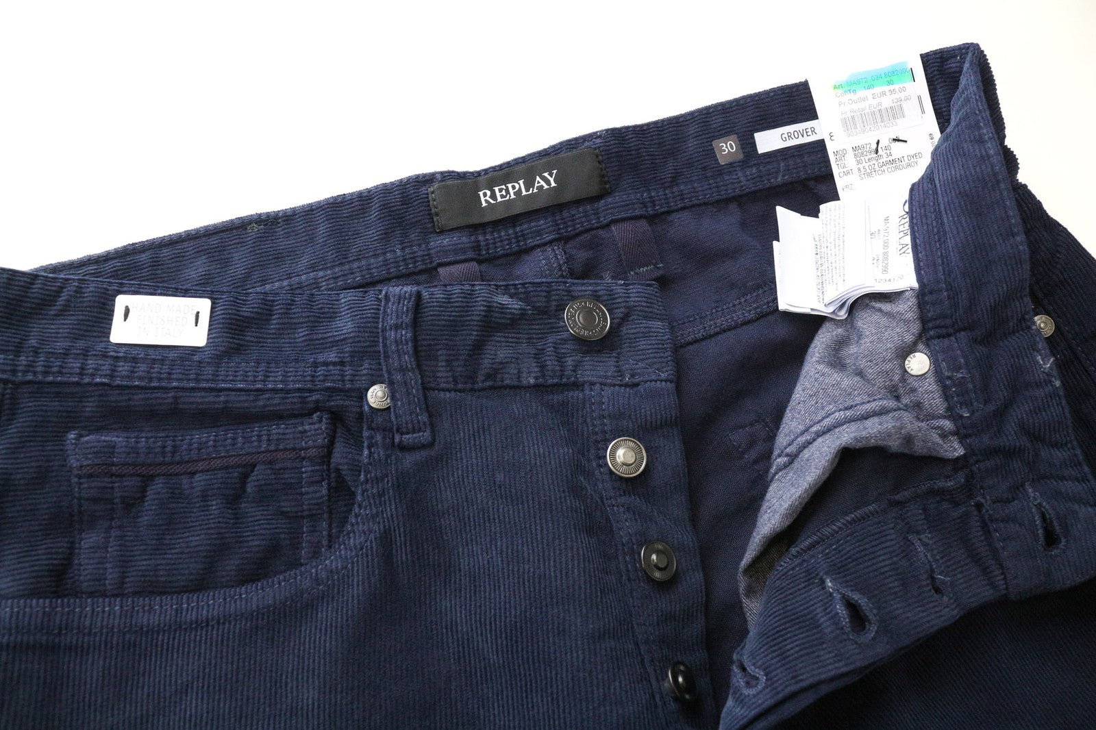 REPLAY Grover vyriškos kelnės W30/L34 tiesaus kirpimo mėlynos velveto medvilnės tamprės