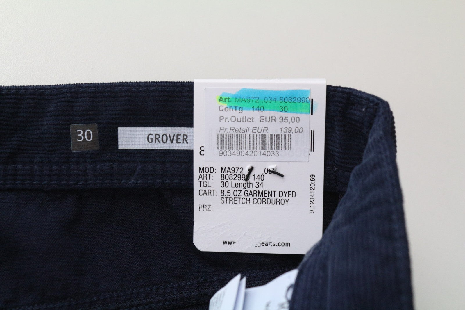 REPLAY Grover vyriškos kelnės W30/L34 tiesaus kirpimo mėlynos velveto medvilnės tamprės