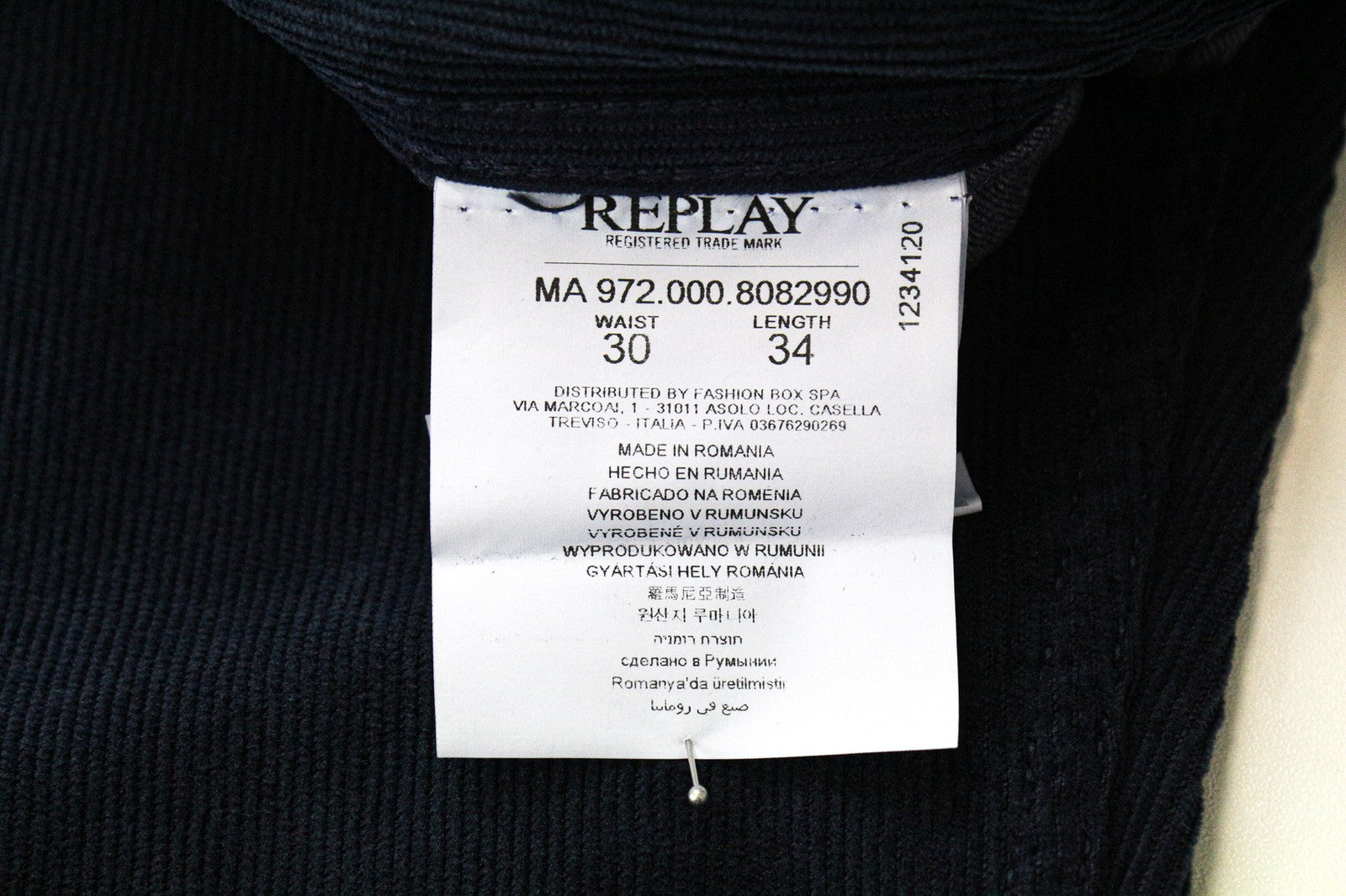 REPLAY Grover vyriškos kelnės W30/L34 tiesaus kirpimo mėlynos velveto medvilnės tamprės