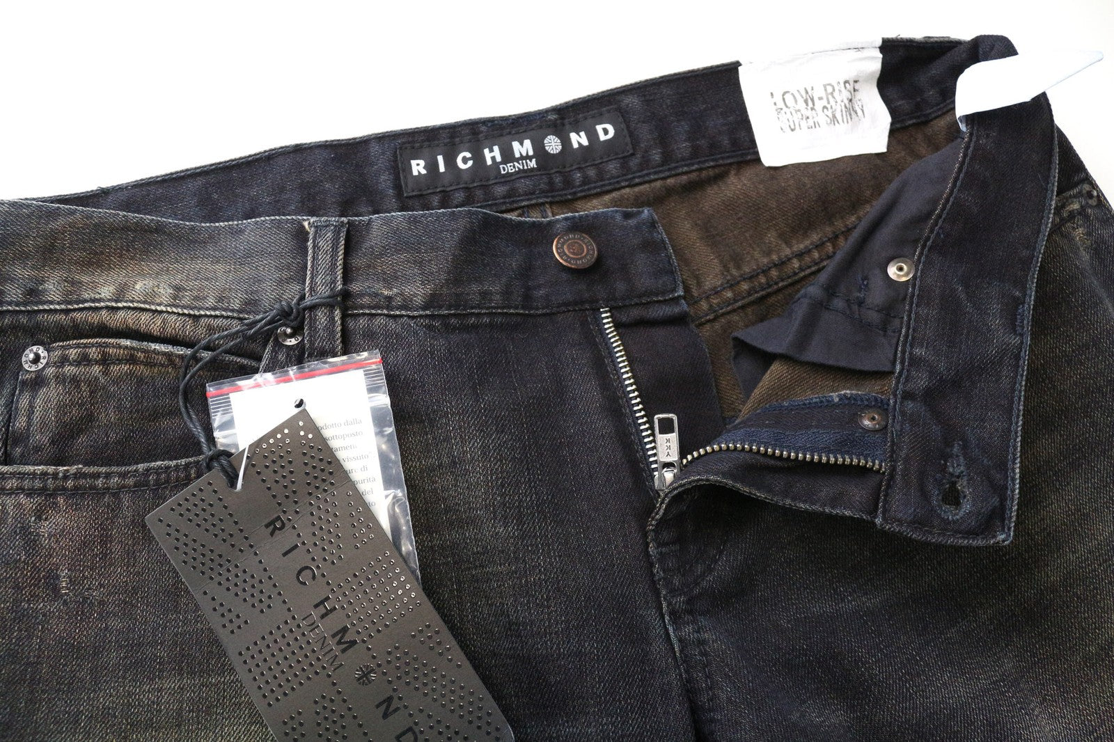 RICHMOND vyriški džinsai W32 tamsiai mėlyni, sendinto stiliaus, aptempti, žemo juosmens, grynos medvilnės 