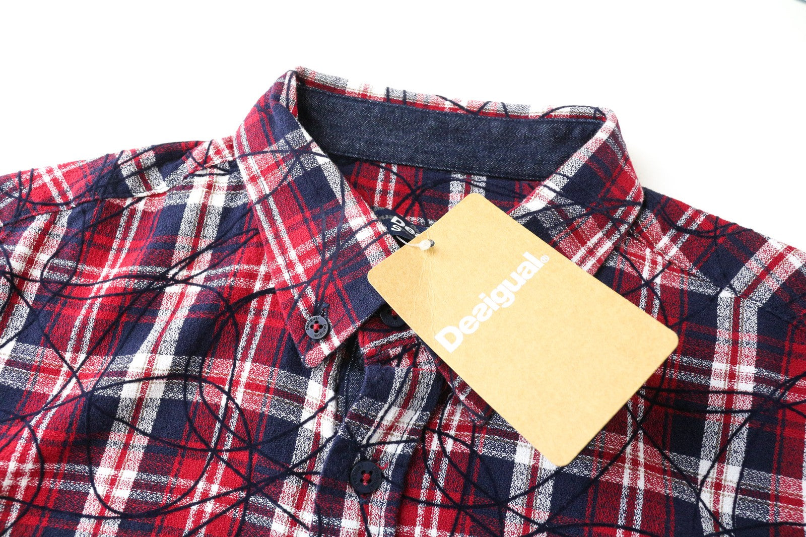 DESIGUAL Juli vyriški raudoni medvilniniai marškinėliai su languotais ilgomis rankovėmis, laisvalaikio stiliaus, su kišenėmis S dydžio