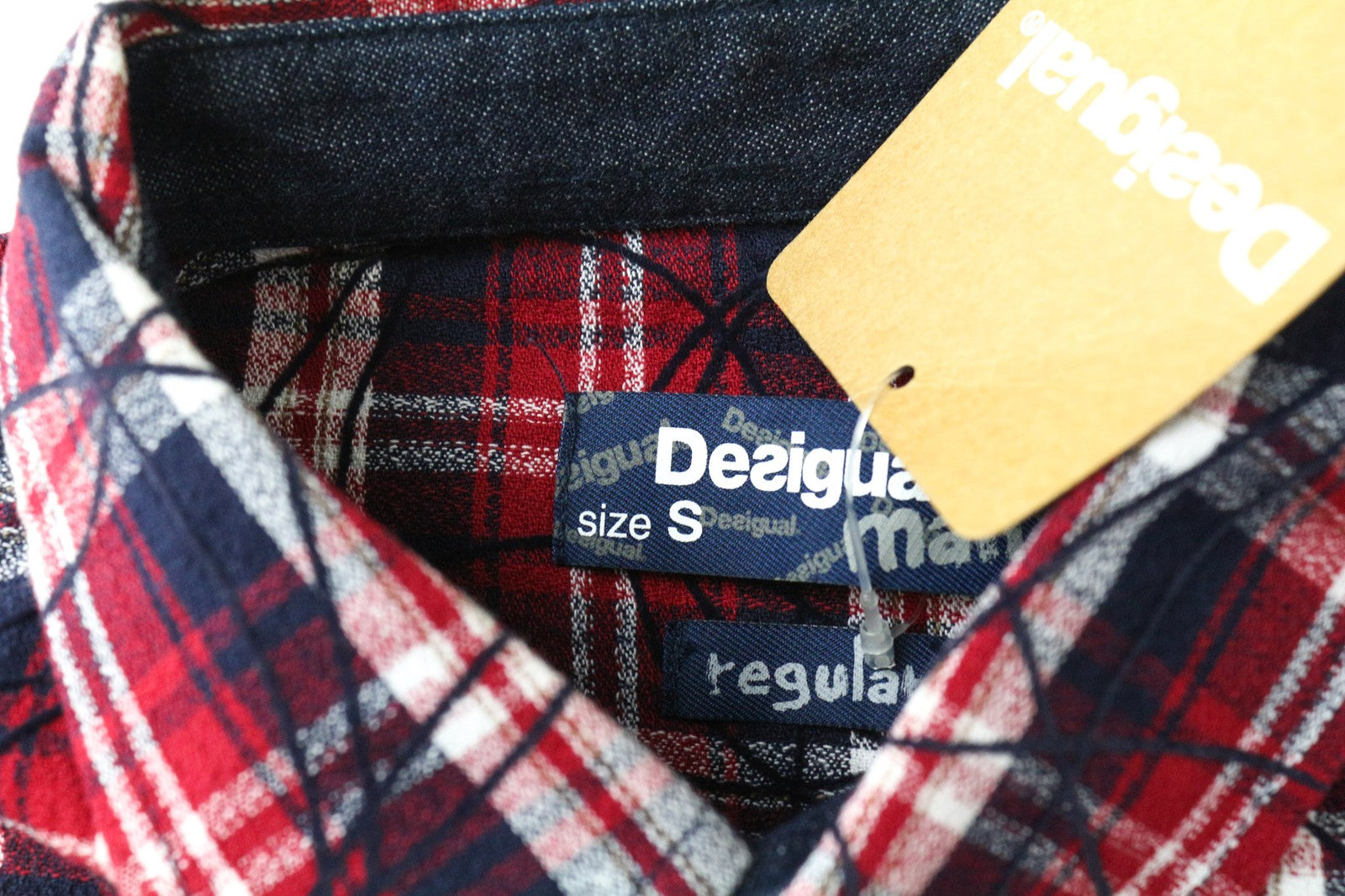 DESIGUAL Juli vyriški raudoni medvilniniai marškinėliai su languotais ilgomis rankovėmis, laisvalaikio stiliaus, su kišenėmis S dydžio