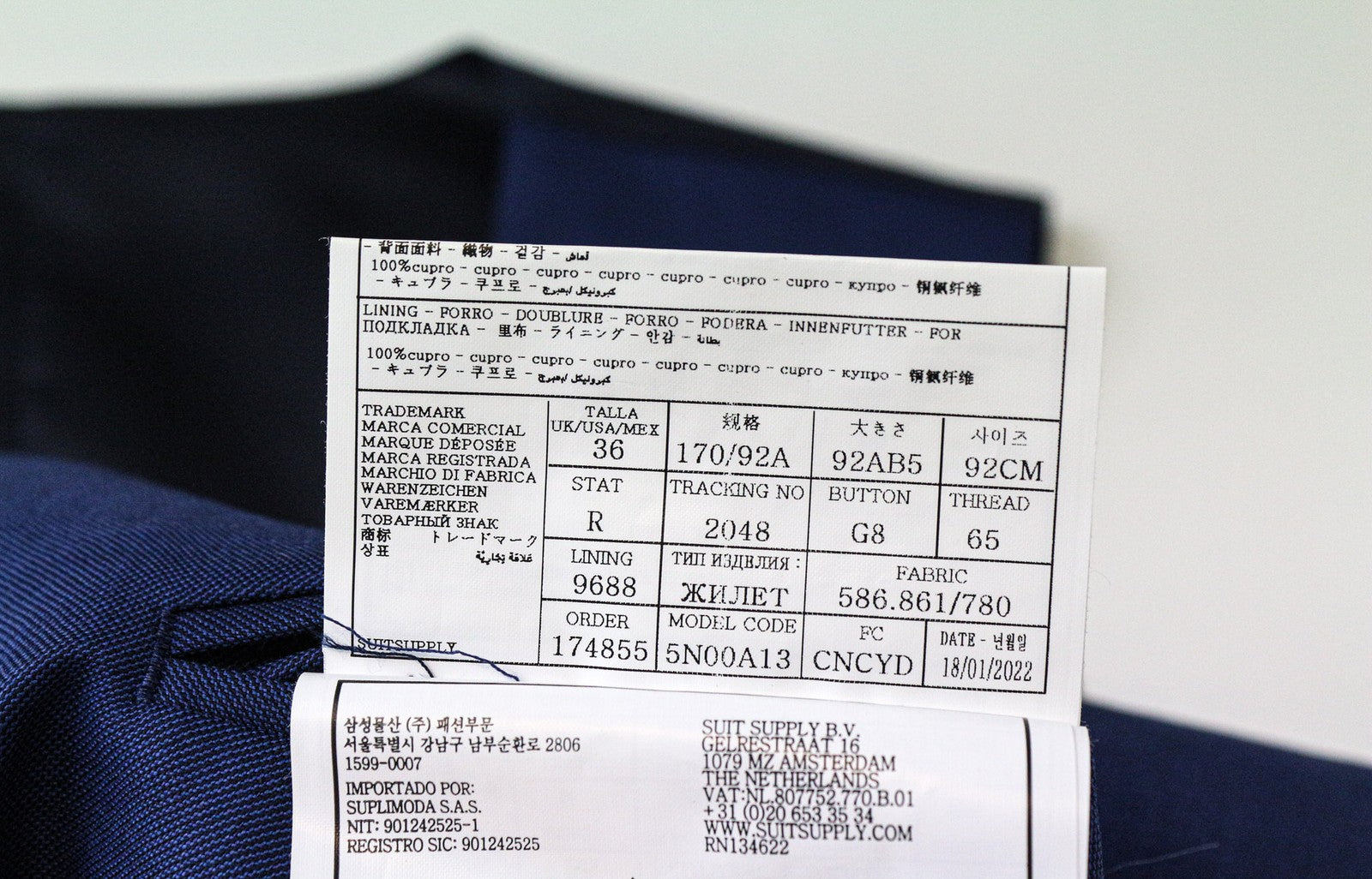 SUITSUPPLY vyriška liemenė UK36R mėlyna vilnonė vieneilė pamušalu 