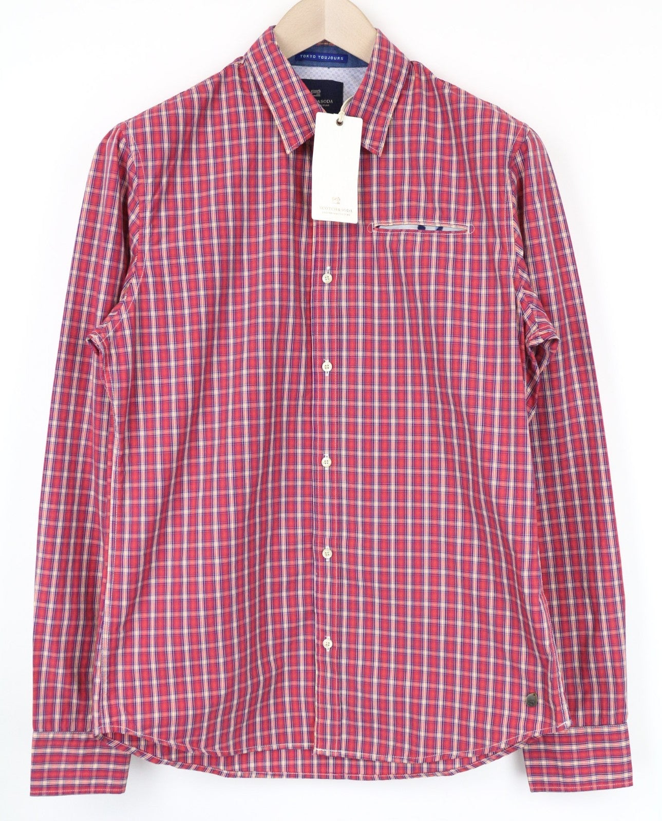 SCOTCH & SODA Men Shirt M Red Plaid Check Pure Cotton Melange Button Up Classic