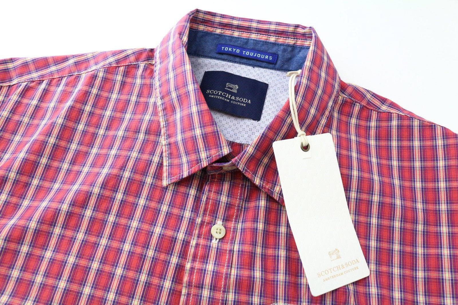 SCOTCH & SODA Men Shirt M Red Plaid Check Pure Cotton Melange Button Up Classic