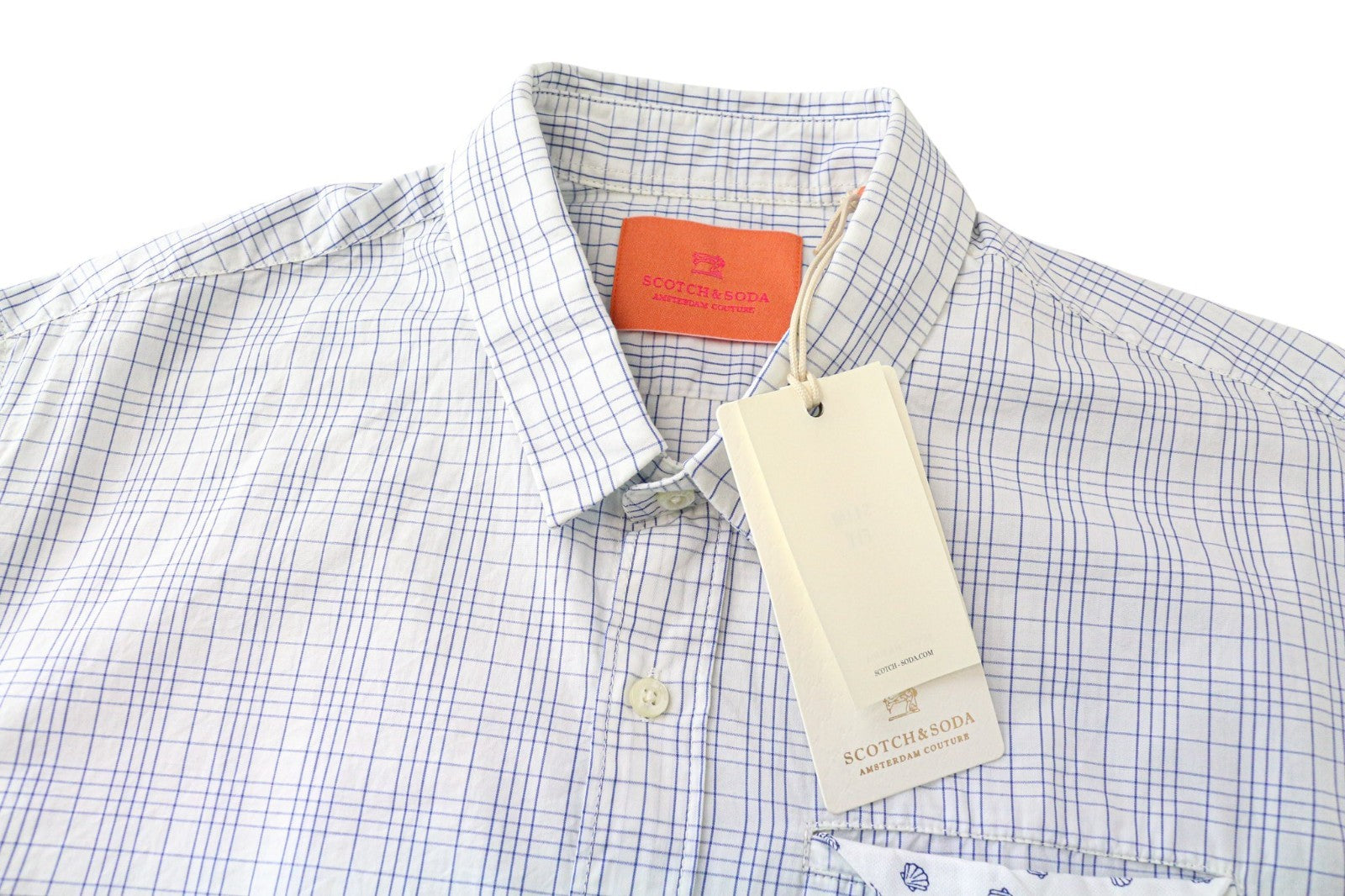 SCOTCH & SODA Men Shirt M Light Blue Slim Check Pure Cotton Melange Button Up