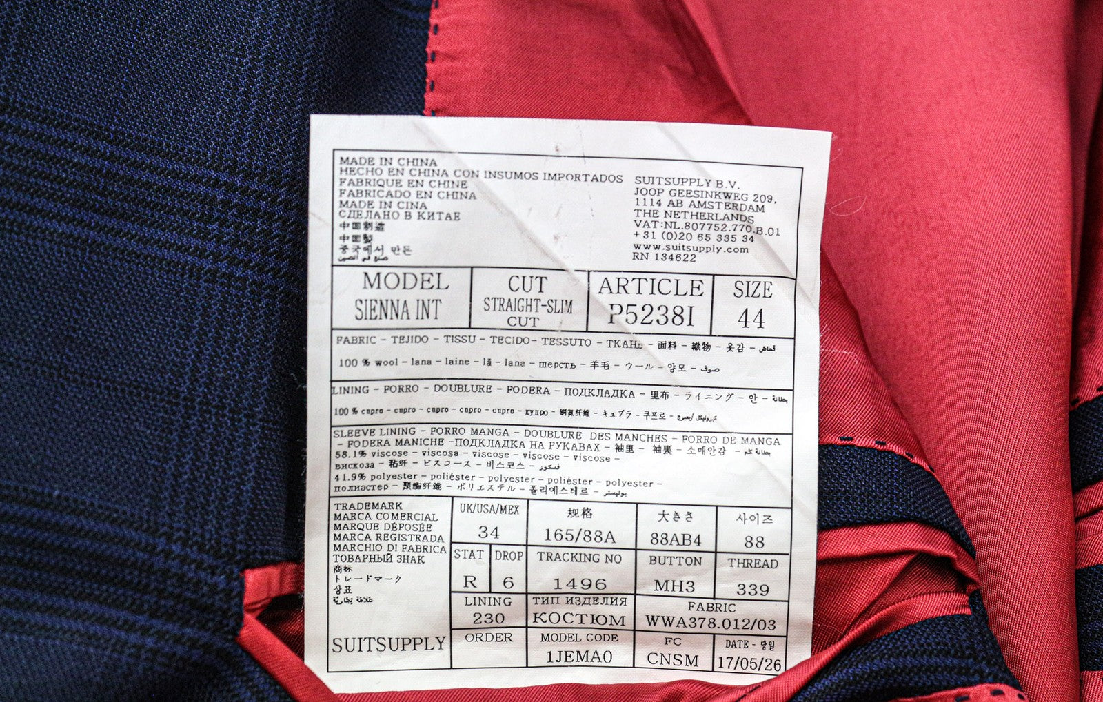 SUITSUPPLY Sienna Men Blazer UK34R Blue Straight Slim Glen Check Wool S130s
