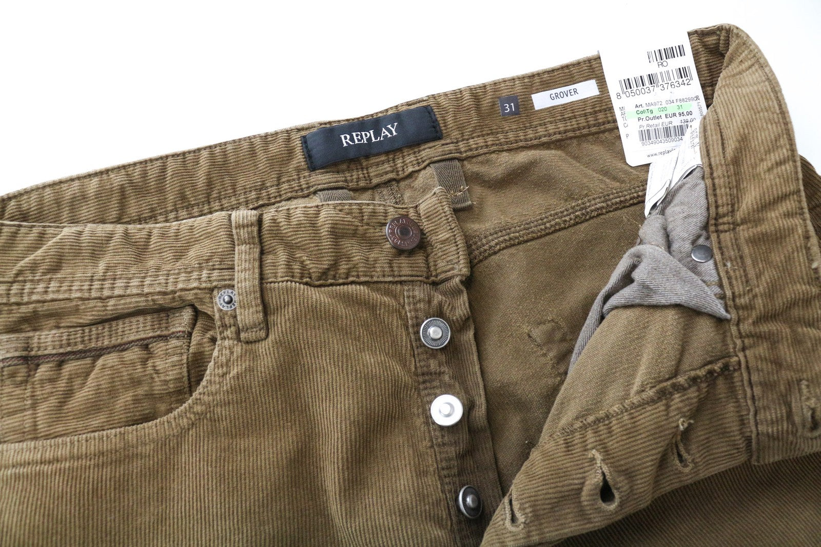 REPLAY Grover Men's Trousers W31/L34 Straight Fit Corduroy Brown Cotton Blend