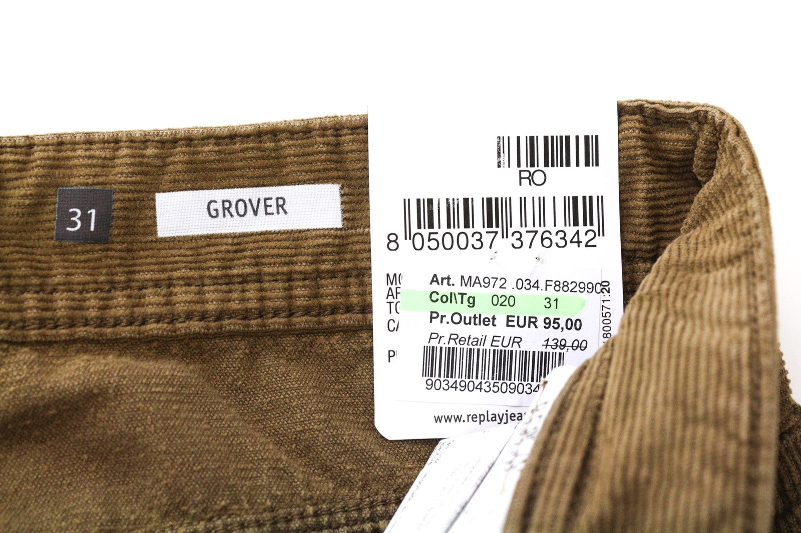 REPLAY Grover Men's Trousers W31/L34 Straight Fit Corduroy Brown Cotton Blend