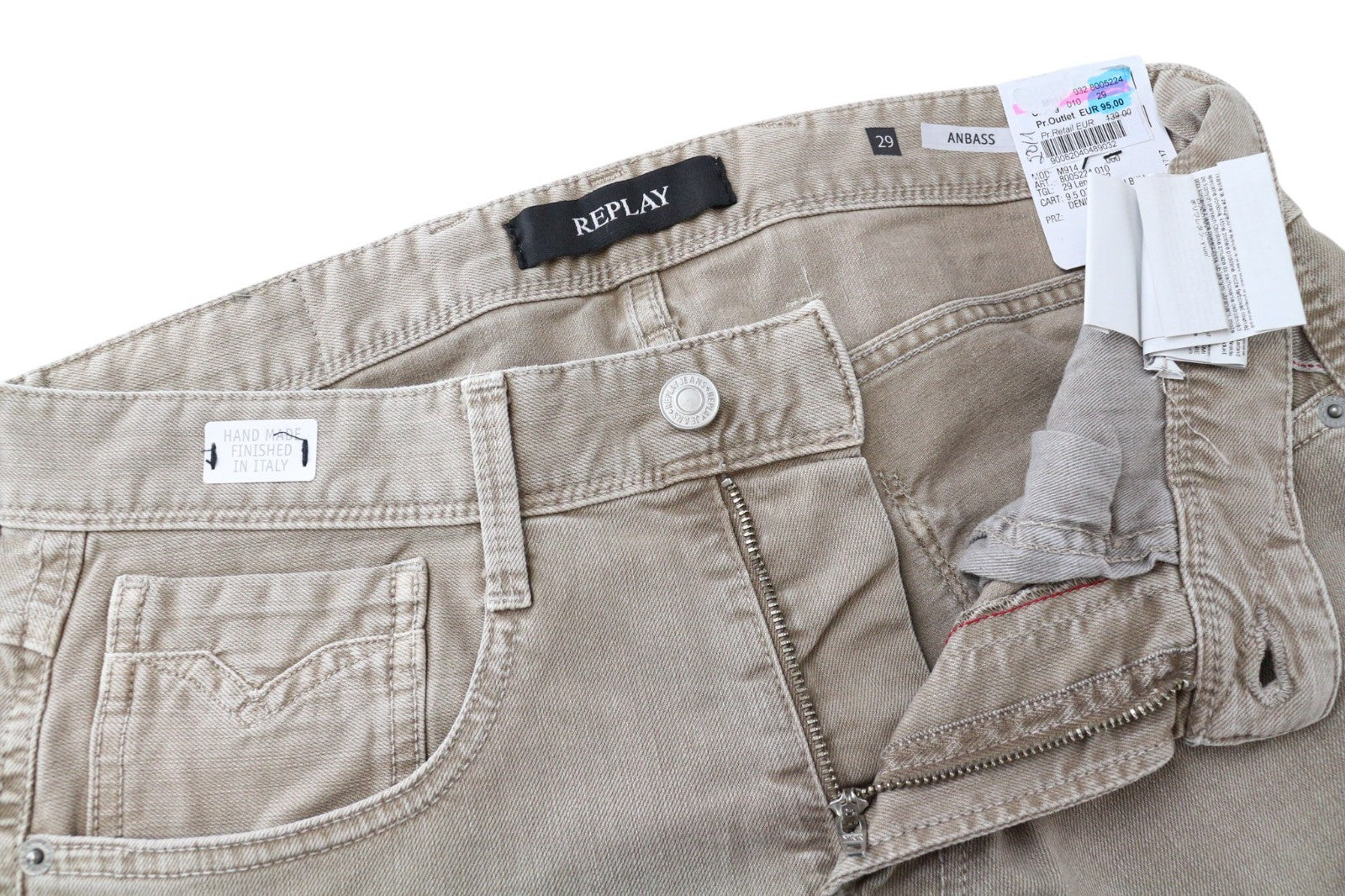 REPLAY Anbass Men Jeans W29/L32 Light Beige Slim Fitted Stretch Denim Zip-Fly