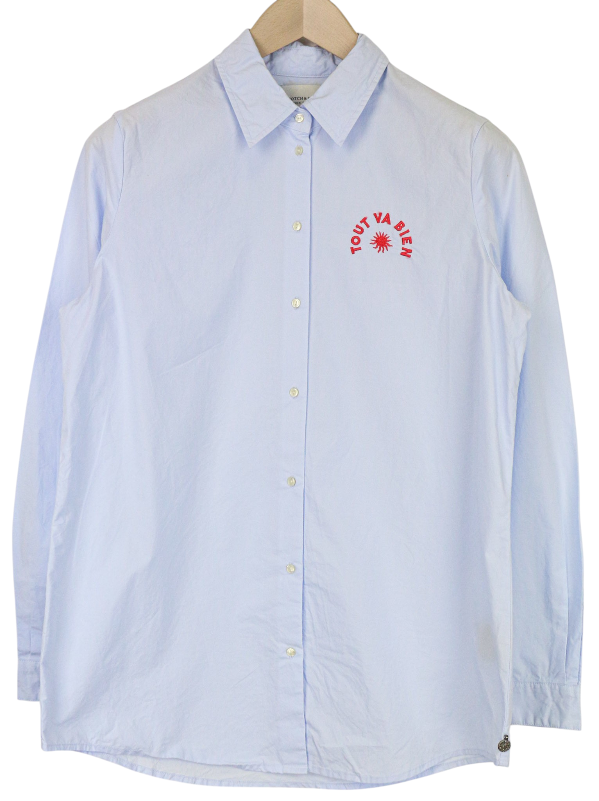 MAISON SCOTCH Women Shirt M Light Blue Pure Cotton Logo Long Sleeved Formal