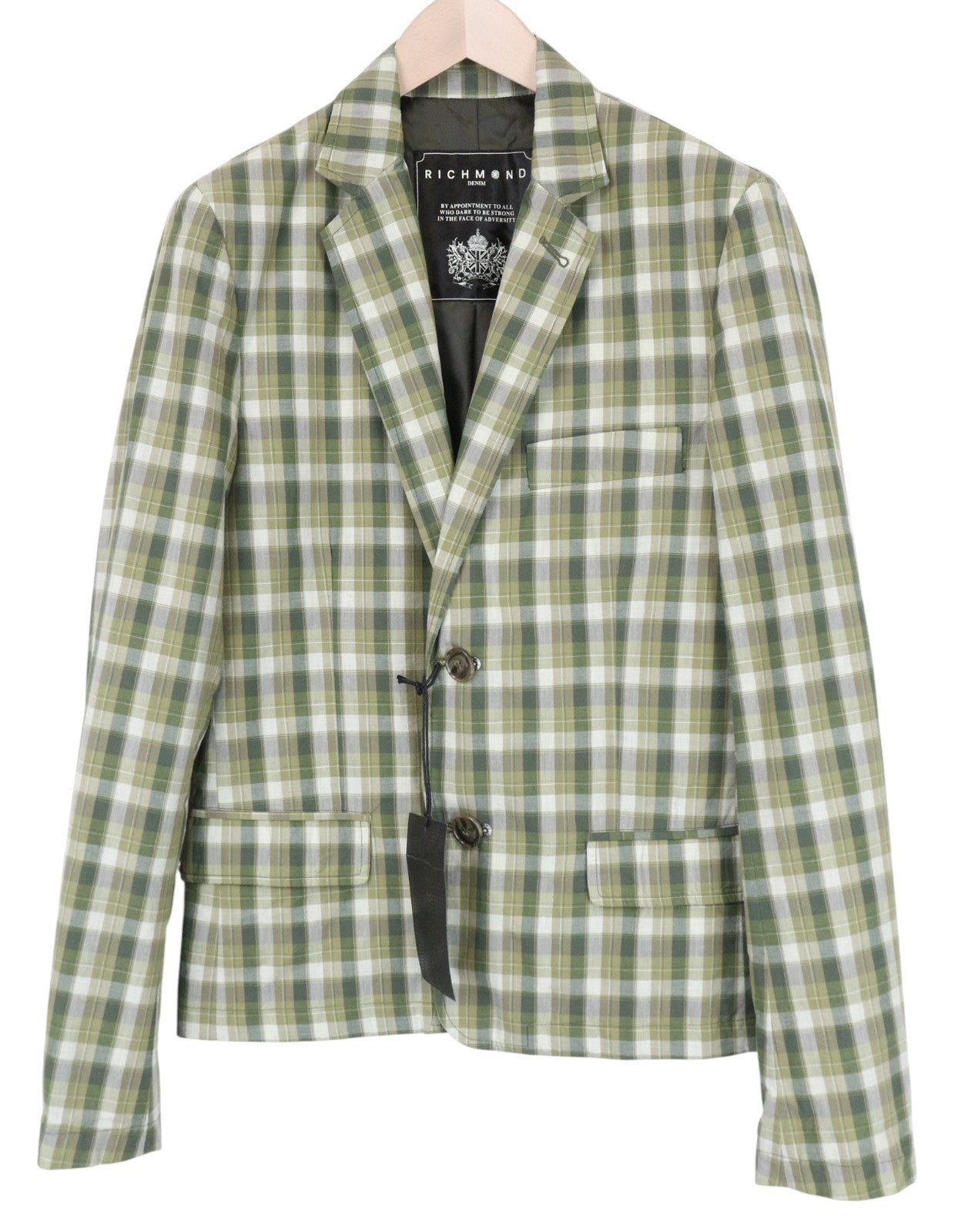 RICHMOND Men Blazer 48 M Green Pure Cotton Check Pattern Single-Breasted