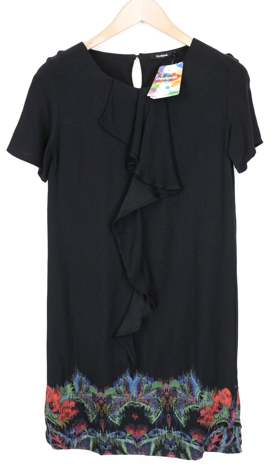 DESIGUAL Octavio moteriška suknelė, 36 cm, juoda, raštuota, trumpomis rankovėmis. 