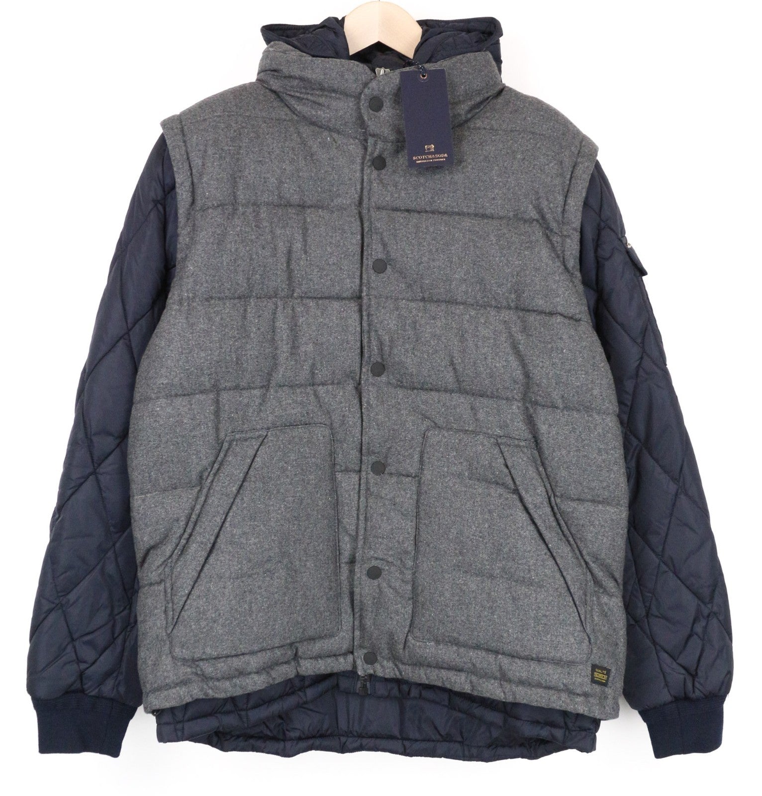 SCOTCH & SODA Ams Couture Men Jacket XL Grey Blue Wool Blend 2in1 Gilet Hooded