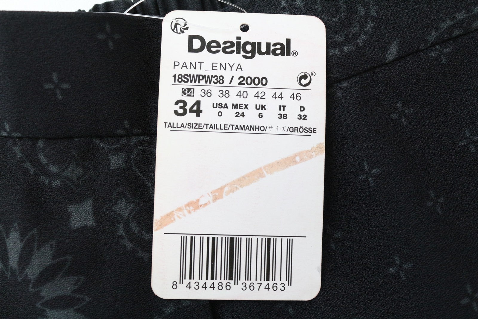 DESIGUAL Enya moteriškos kelnės, juodos, raštuotos, klostytos, lengvos, laisvalaikio stiliaus. 