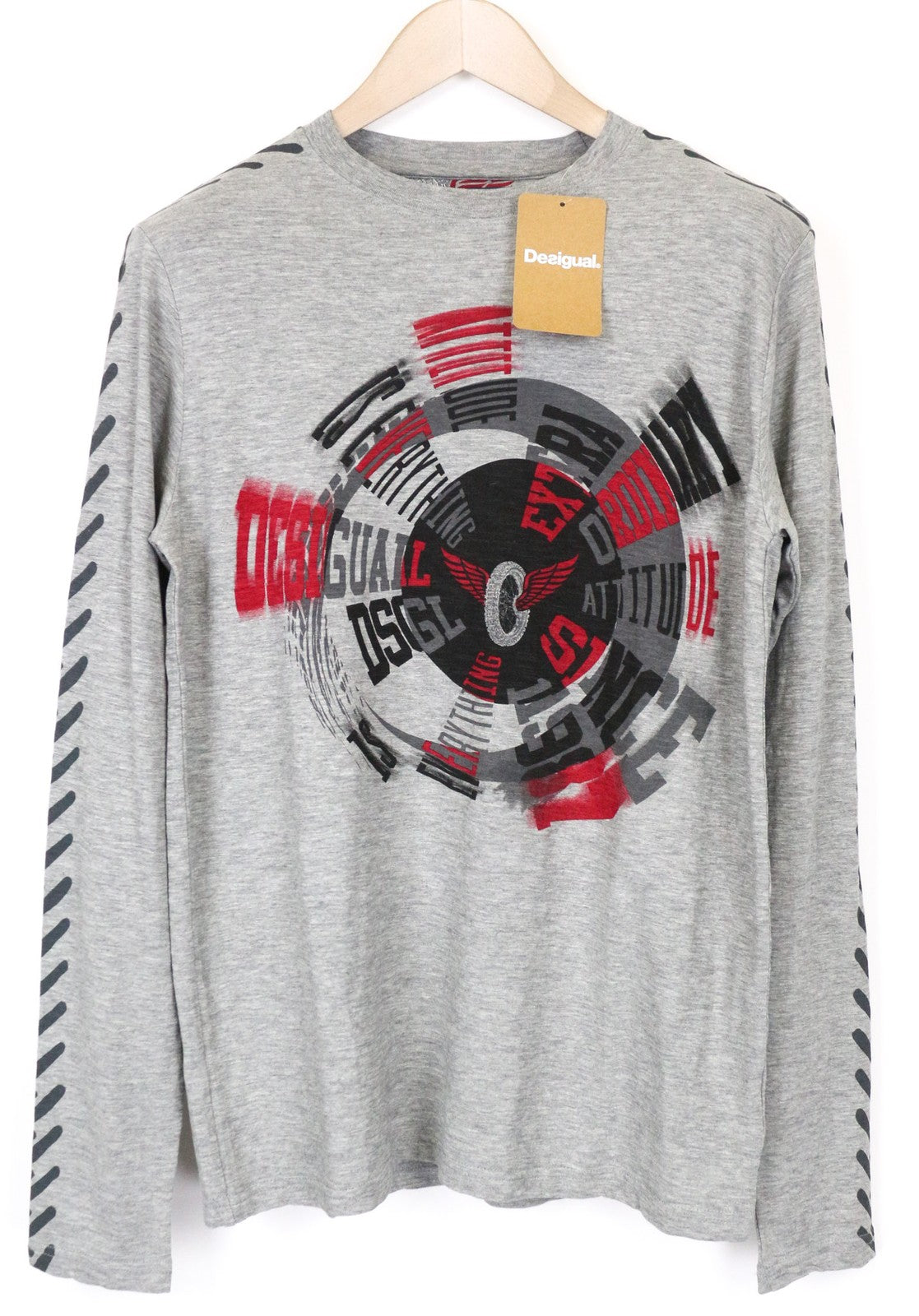 DESIGUAL Bitrio Men's Top S Grey Cotton Blend Logo Long Sleeve Pullover