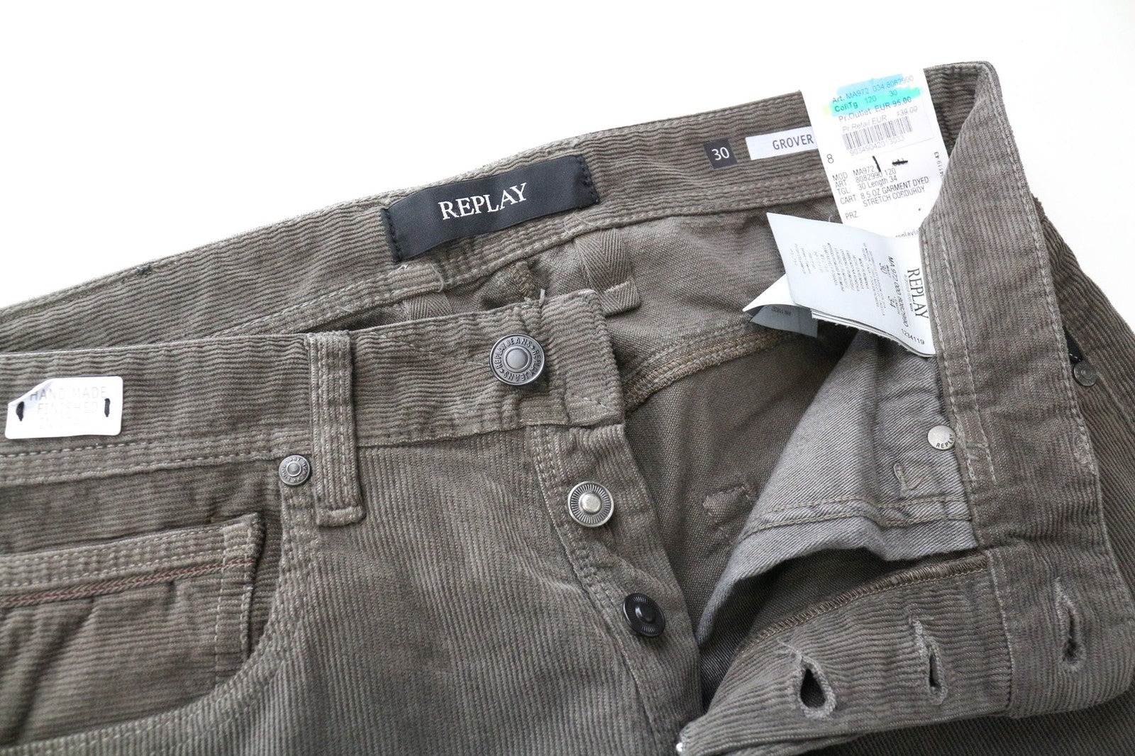 REPLAY Grover Men's Trousers W30/L34 Straight Corduroy Brown Grey Cotton Stretch