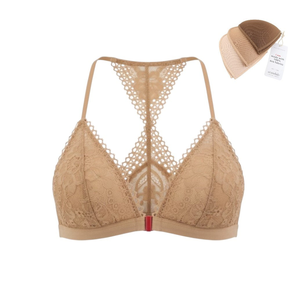 SCANDALE Le Triangle Back Detail Sensual-Nude T17 Women's Bra XS Lace 3 Pads