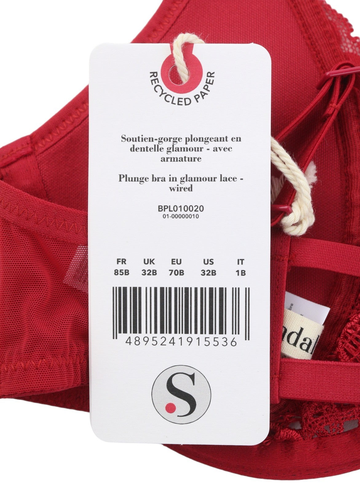 SCANDALE Plunge In Glamour Lace-Wired Women's Bra 70B Red Guipure Lace