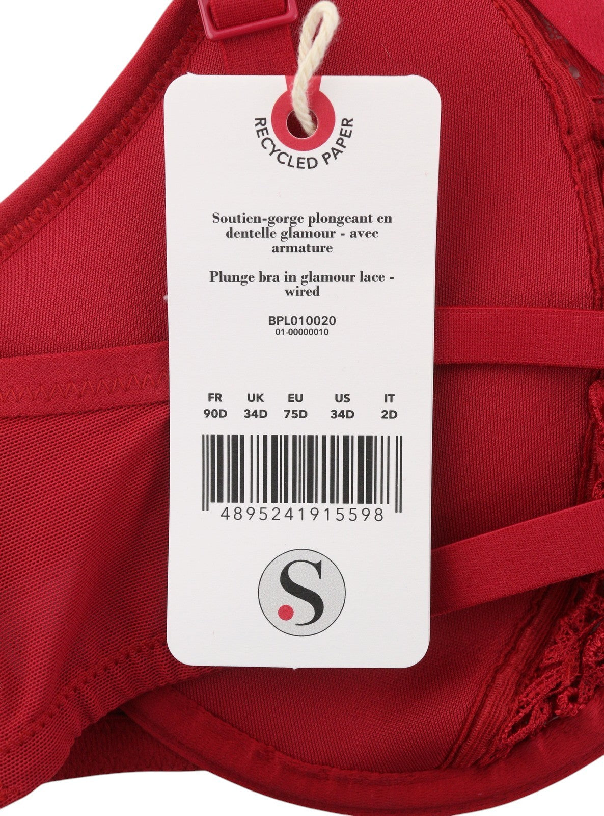 SCANDALE Plunge In Glamour Lace-Wired Women's Bra 75D Red Guipure Lace