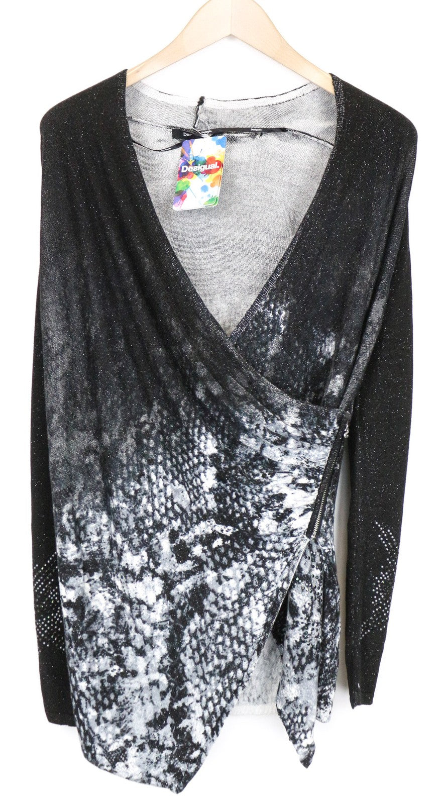 DESIGUAL Baku moteriškas džemperis pilkas juodas raštuotas blizgantis V formos iškirptės viršus XS 
