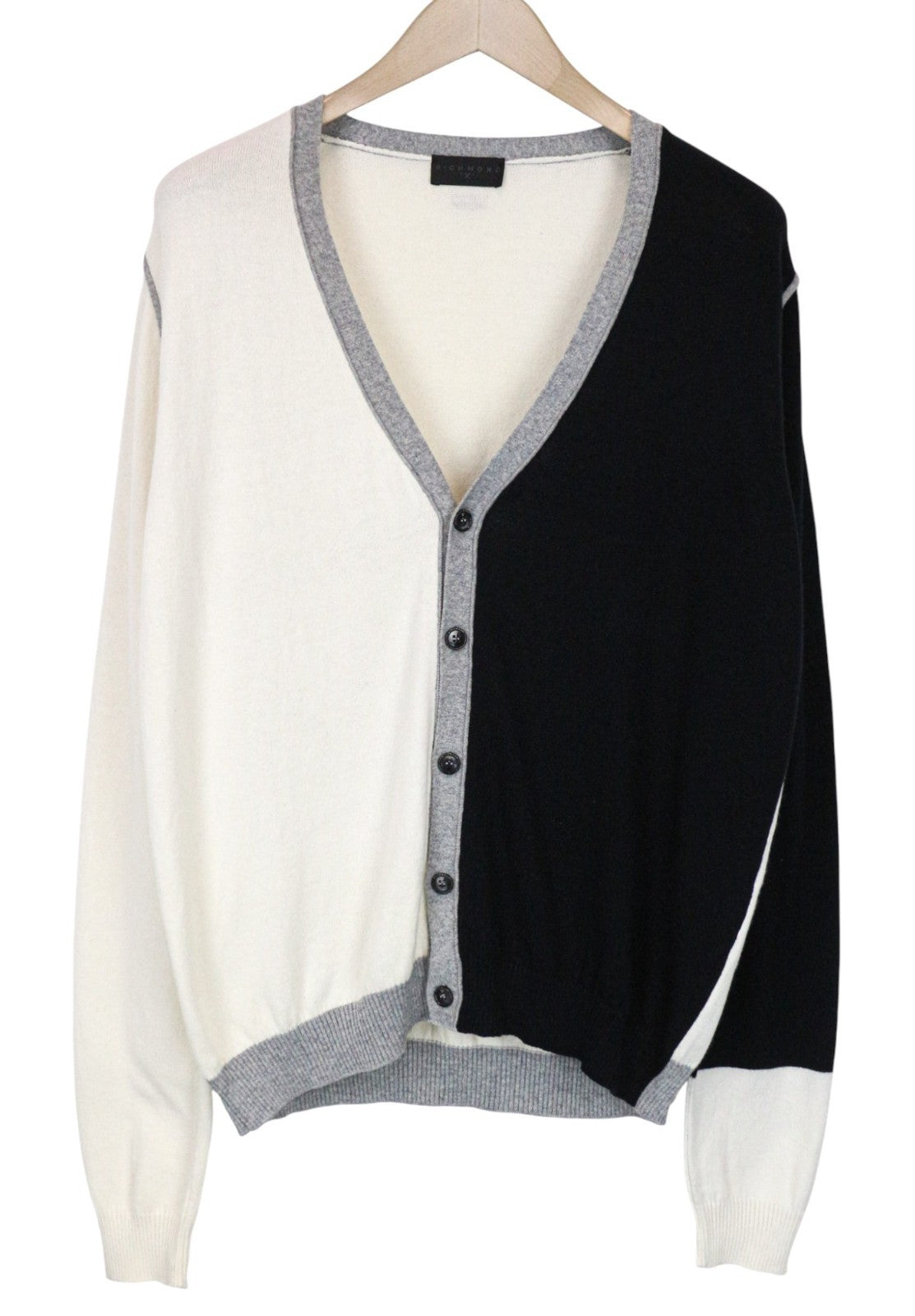 RICHMOND vyriškas kardiganas 50 balkšvos spalvos, juodos spalvos medvilnės vilnos ilgomis rankovėmis, su užtrauktuku 