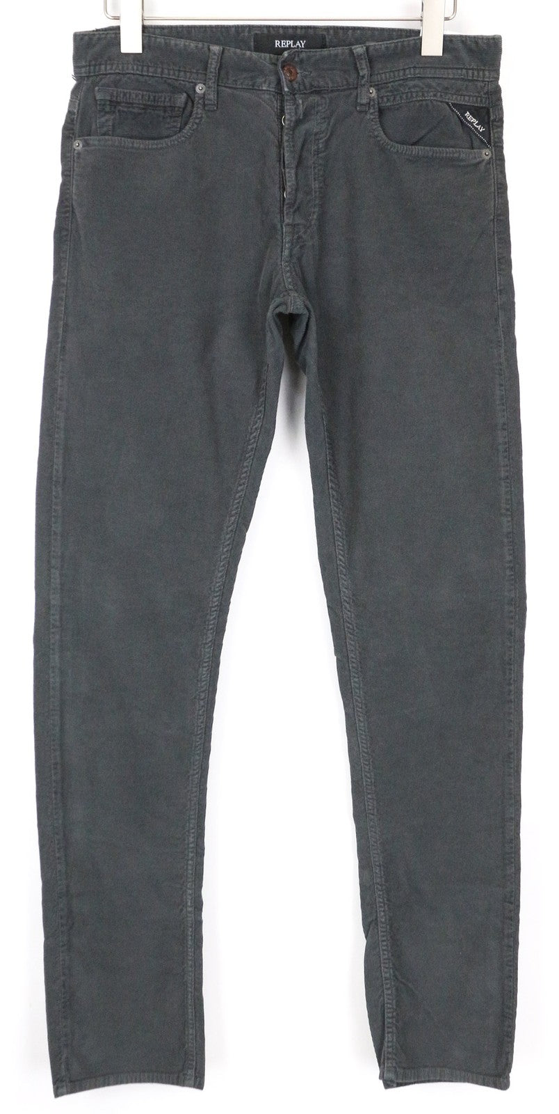 REPLAY Grover vyriškos velveto kelnės W31/L34 pilkos tiesios medvilninės tamprios kelnės