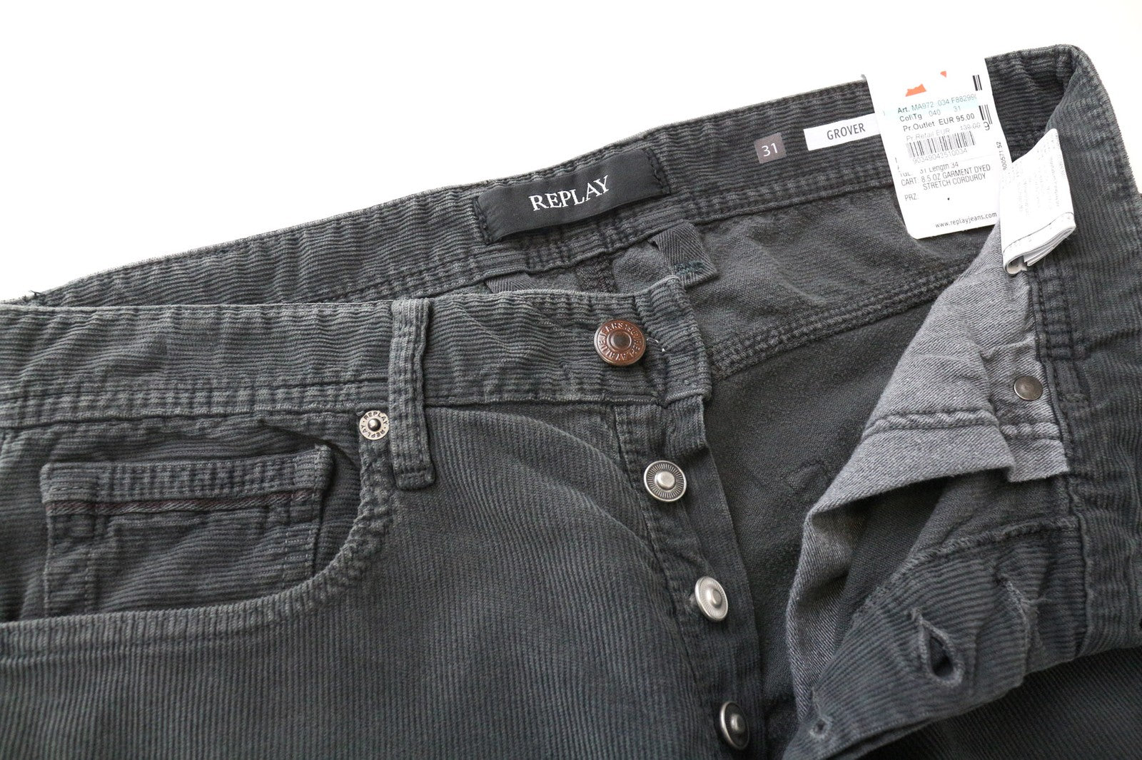 REPLAY Grover vyriškos velveto kelnės W31/L34 pilkos tiesios medvilninės tamprios kelnės