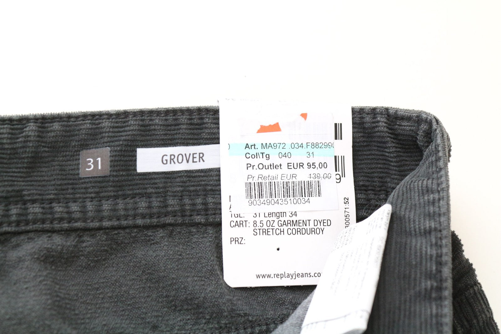REPLAY Grover vyriškos velveto kelnės W31/L34 pilkos tiesios medvilninės tamprios kelnės