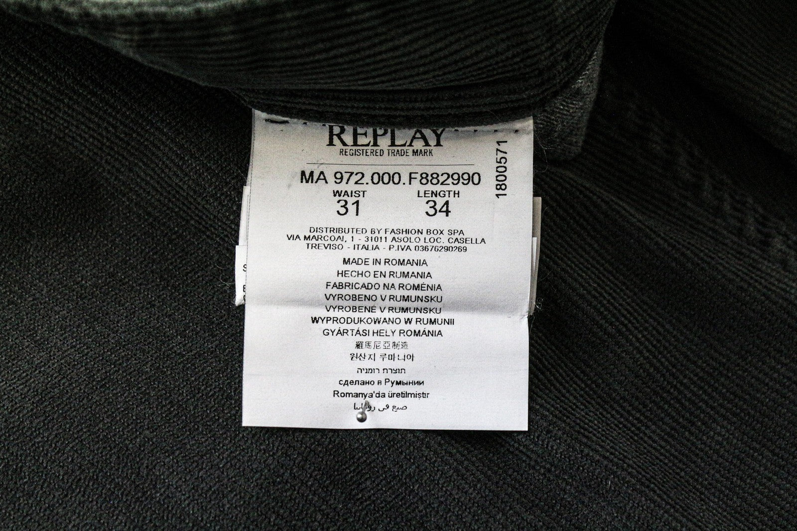 REPLAY Grover vyriškos velveto kelnės W31/L34 pilkos tiesios medvilninės tamprios kelnės