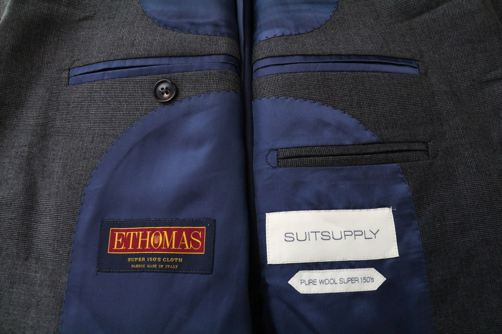 SUITSUPPLY La Spalla vyriškas švarkas UK38R pilkas vilnonis „Super 150's“ raštuotas 