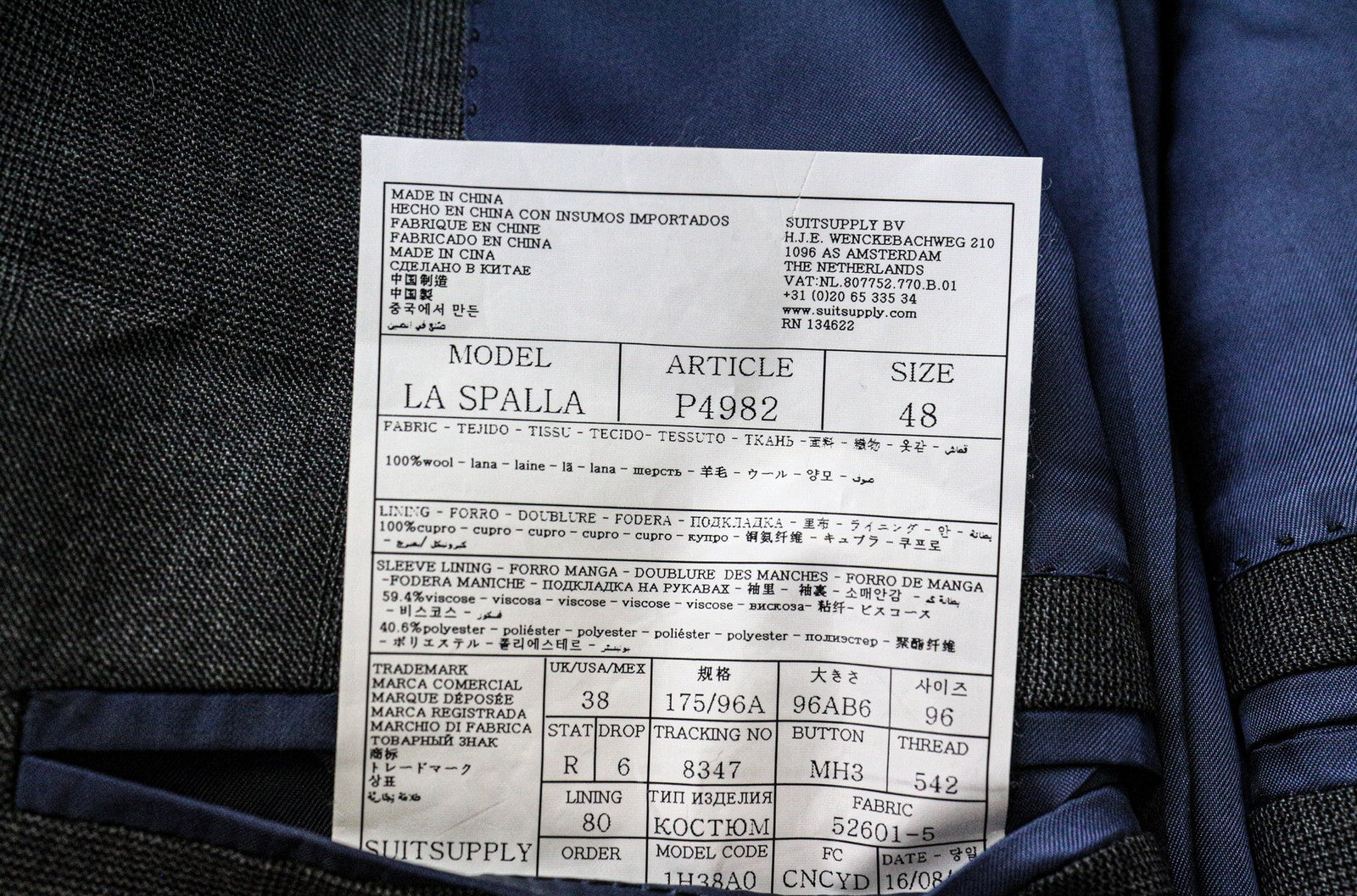 SUITSUPPLY La Spalla vyriškas švarkas UK38R pilkas vilnonis „Super 150's“ raštuotas 