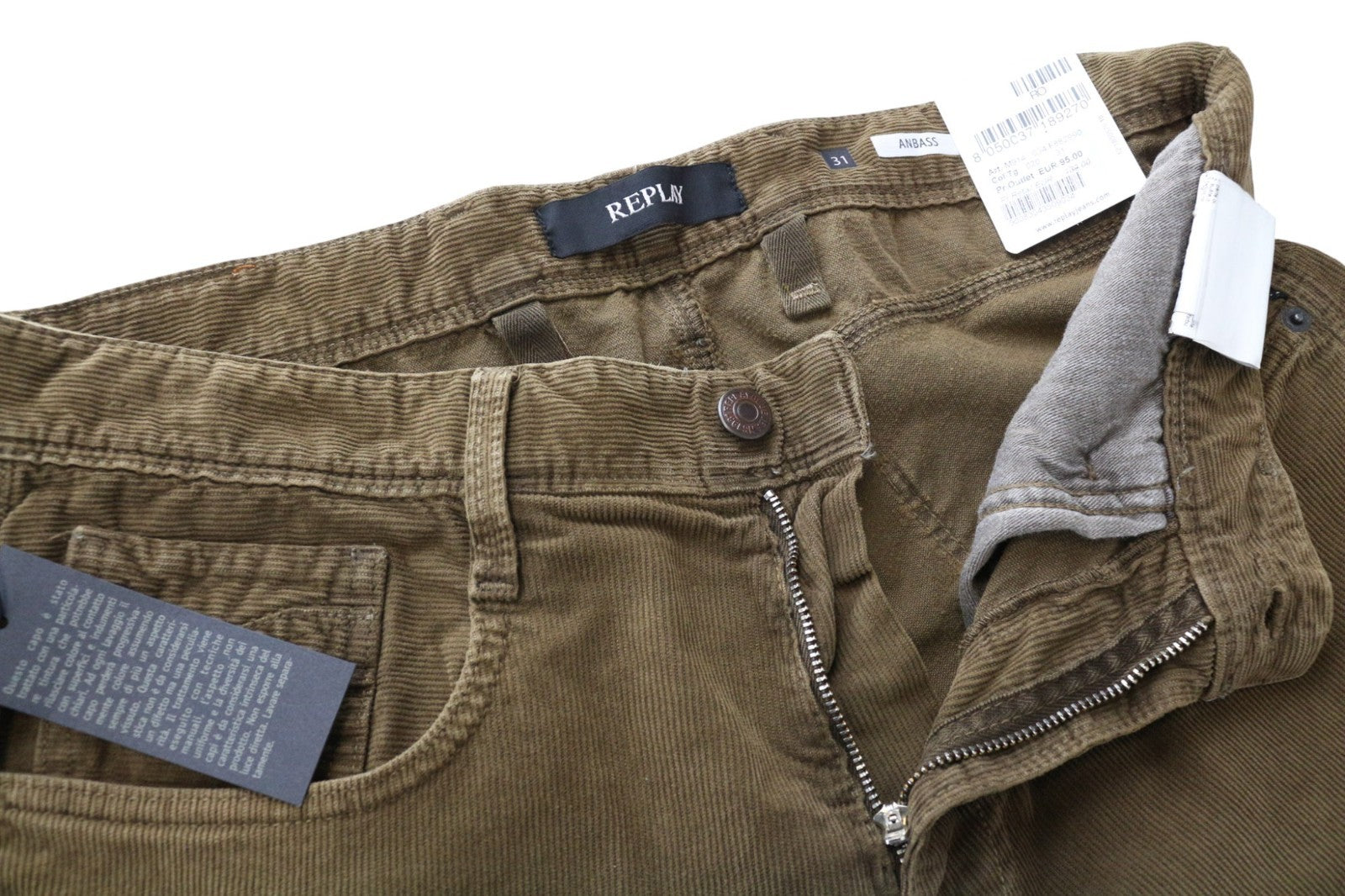 REPLAY Anbass vyriškos velveto kelnės W31/L34 rudos, plonos, tamprios medvilninės kelnės 