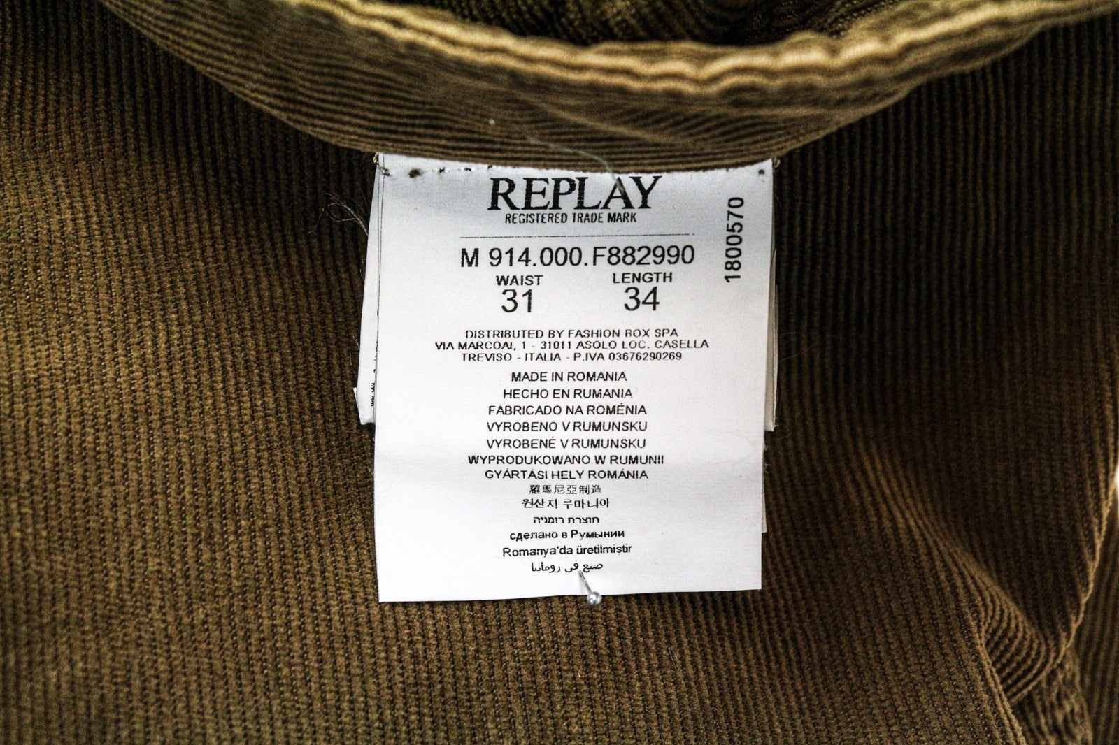 REPLAY Anbass vyriškos velveto kelnės W31/L34 rudos, plonos, tamprios medvilninės kelnės 