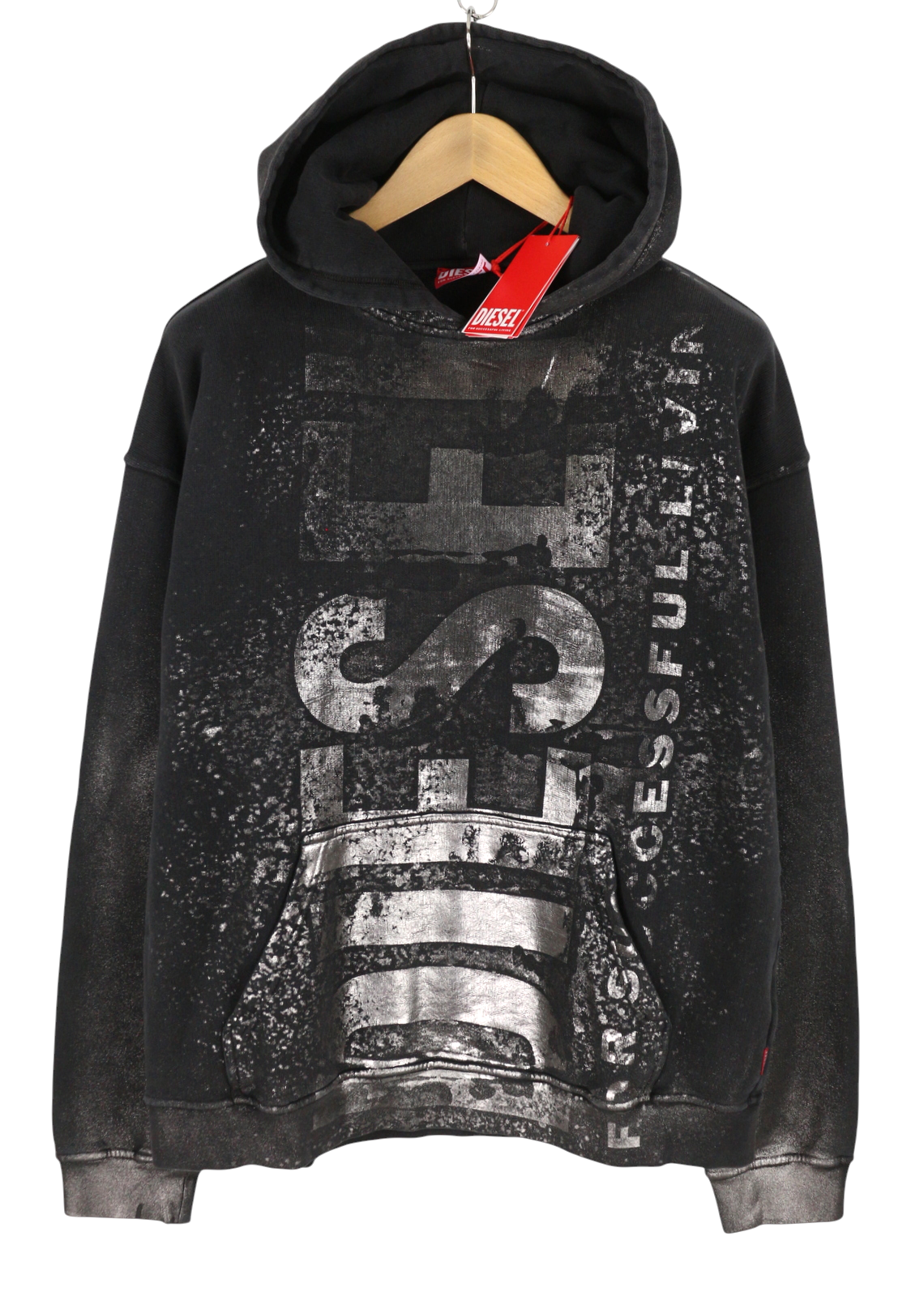 DIESEL S-Boxt-Hood-Q6 Men Hoodie M Black Metallic Shiny Relaxed Fit RRP395