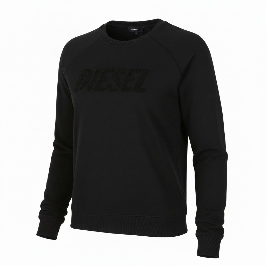 DIESEL Indigo-Out Men Sweatshirt M Black Crew Neck Fluffy Logo Pull On RRP175
