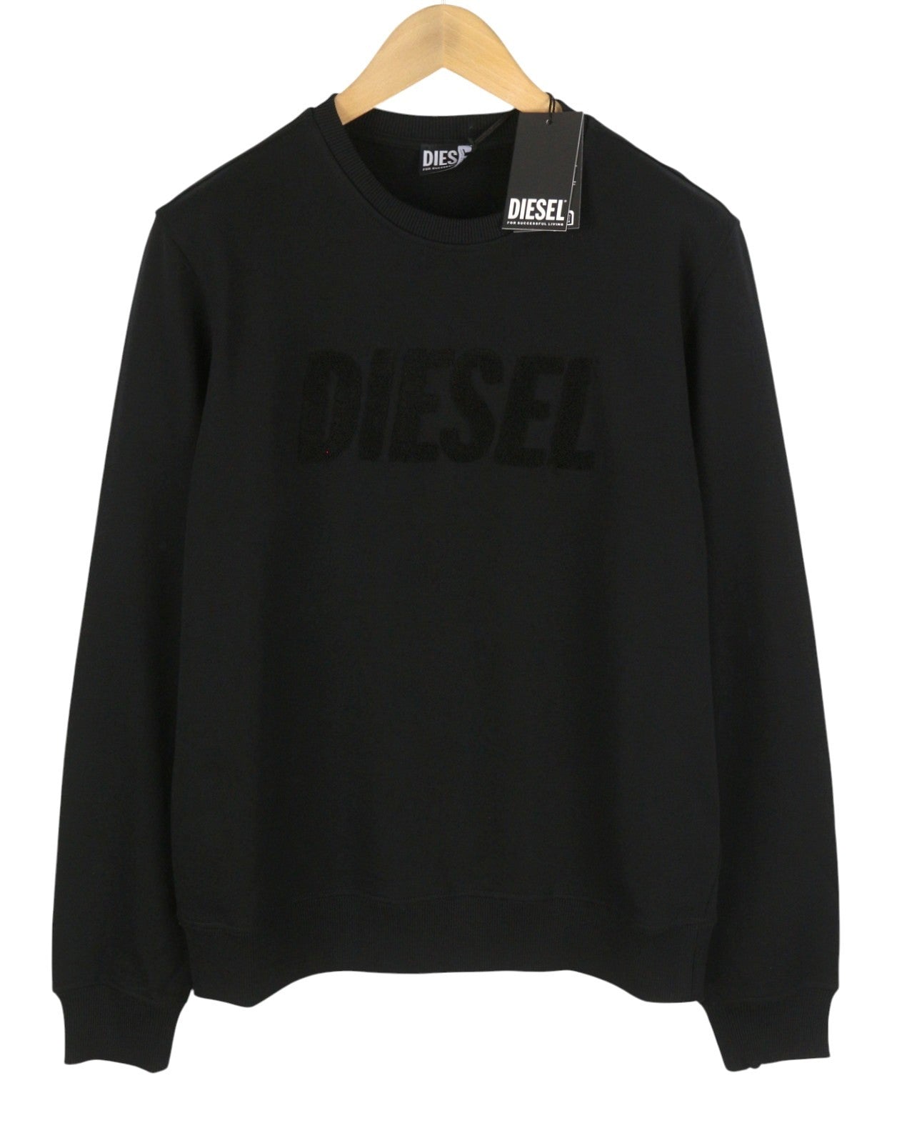 DIESEL Indigo-Out Men Sweatshirt M Black Crew Neck Fluffy Logo Pull On RRP175