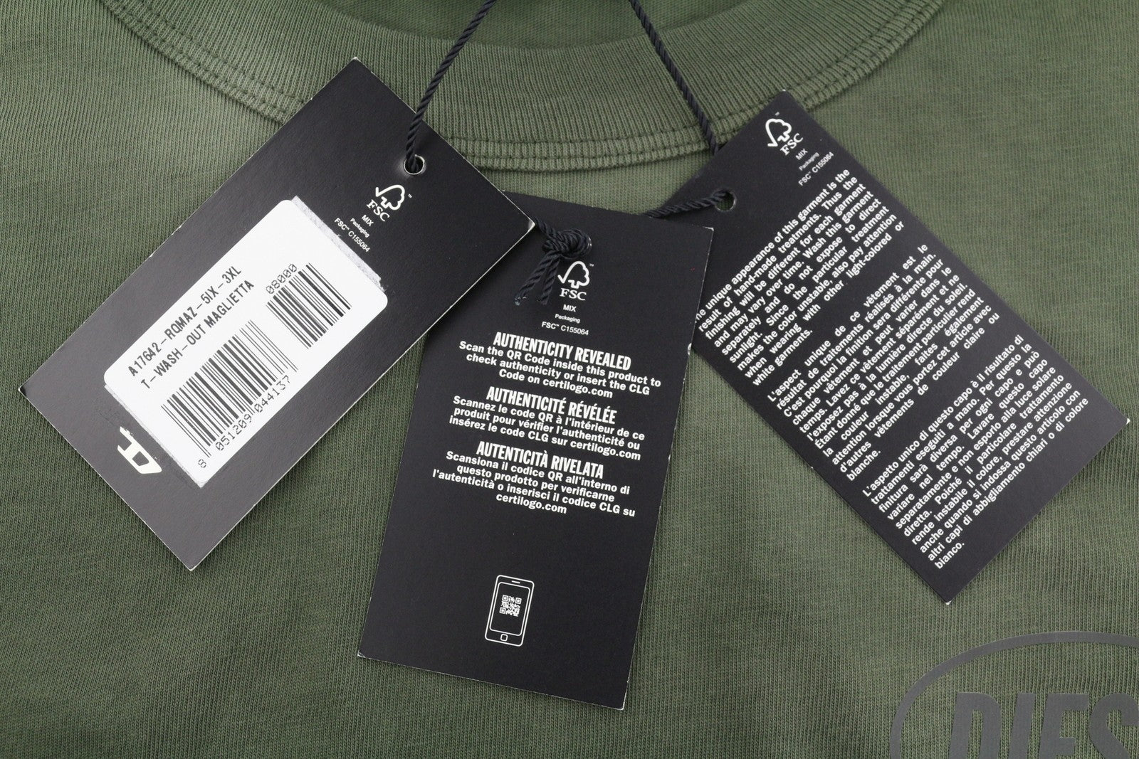 DIESEL T-Wash-Out Men T-Shirt 3XL Green Faded Tricot Oversized Short Sleeve