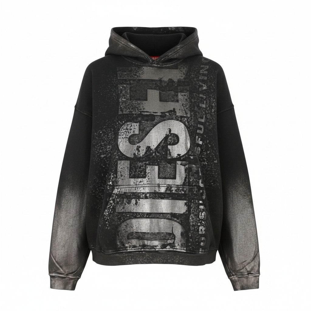 DIESEL S-Boxt-Hood-Q6 Men Hoodie XL Black Metallic Shiny Relaxed Fit RRP395